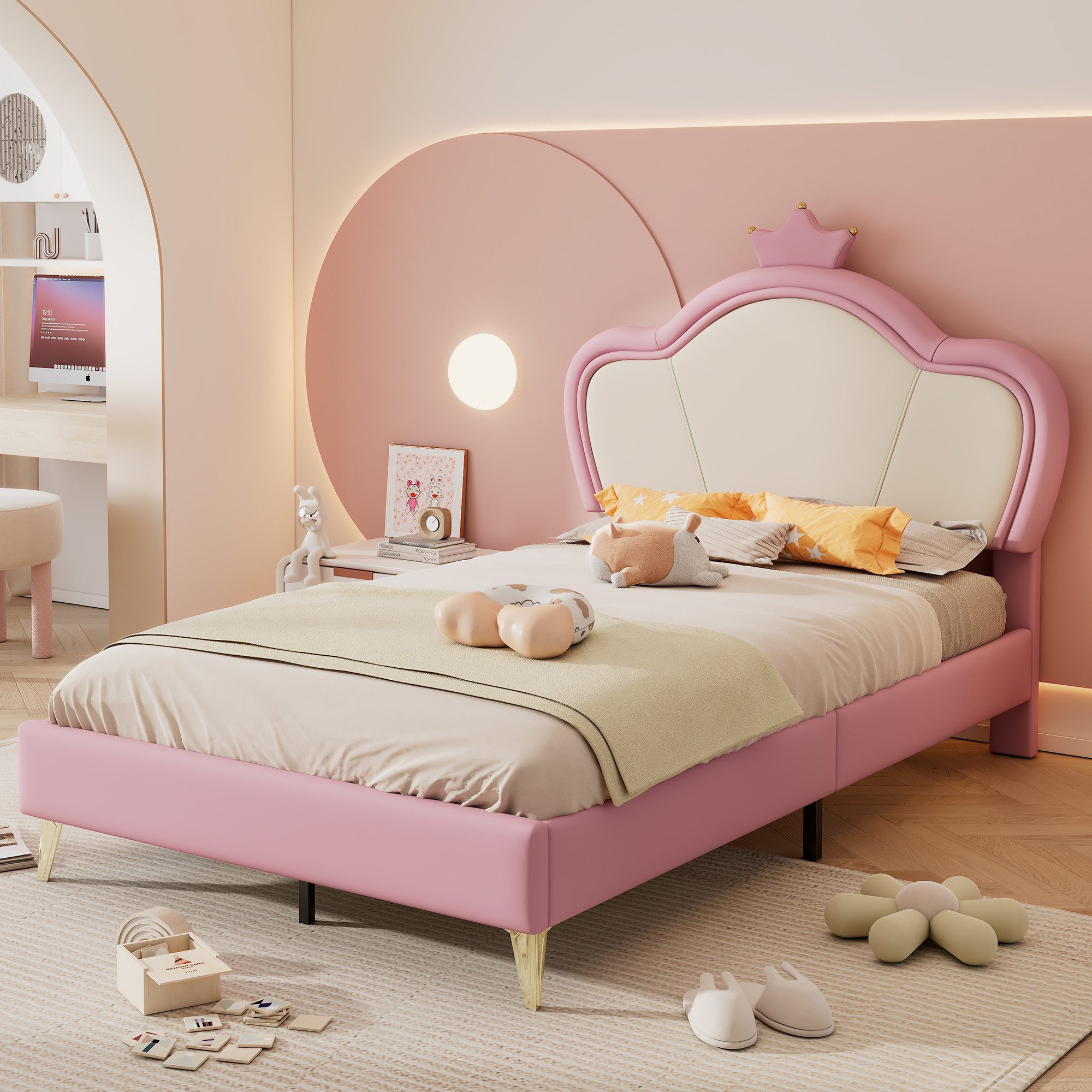 OKWISH Prinzessinbett Kinderbett Jugendbett (mit Krone-Kopfteil, weichen Schutzkanten, elegantes Kopfteilprofil und Metallfüßen, 90x200cm), ohne Matratze