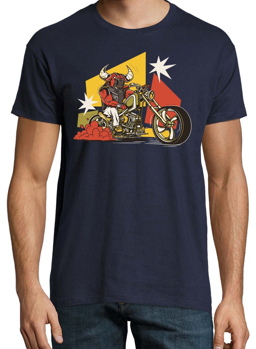 T-Shirt Frontprint mit Biker Youth Designz Navyblau trendigem Herren T-Shirt Bull