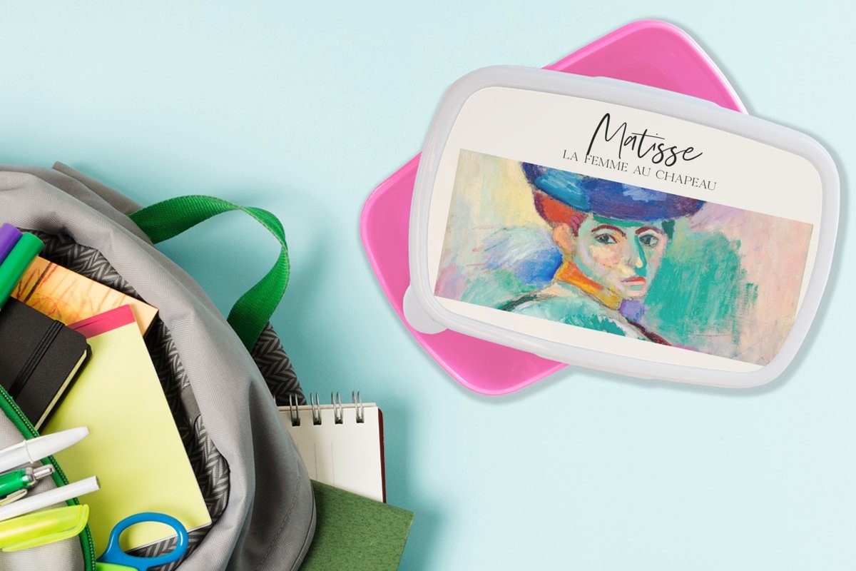 MuchoWow Lunchbox Gemälde für Kinder, chapeau, femme Brotbox - Kunststoff Brotdose Kunststoff, Erwachsene, La Mädchen, Matisse au - rosa Snackbox, (2-tlg)