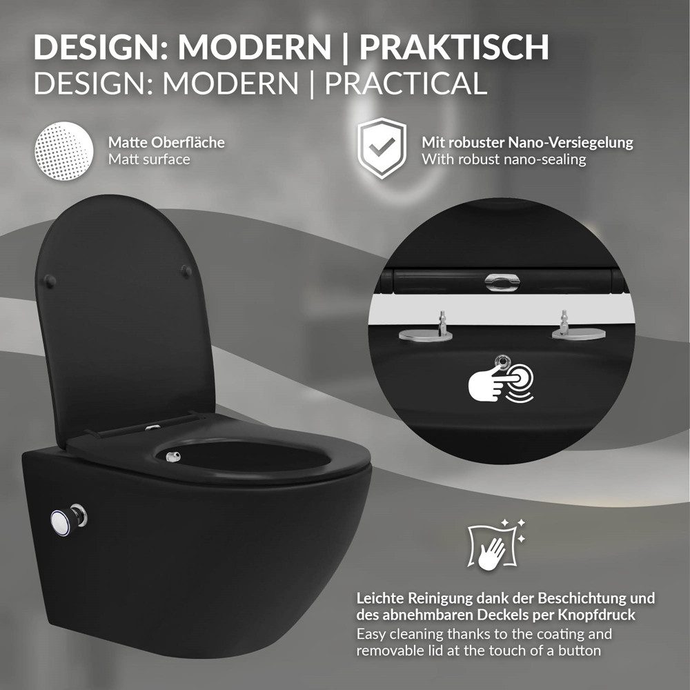 LuxeBath Tiefspül-WC Spülrandloses Wand Hänge WC aus Keramik, mit WC-Sitz Absenkautomatik, Toilette lang mit Bidet-Funktion & Nano Beschichtung Tornadospülung