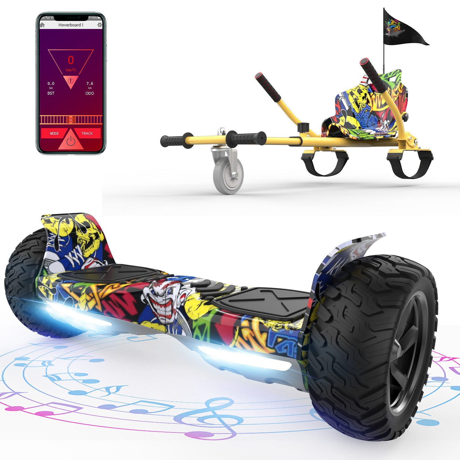 RCB Balance Scooter Kart Set, 8,5'' Off-Road SUV Hoverboard mit Sitz, Go-Kart, APP, Bluetooth