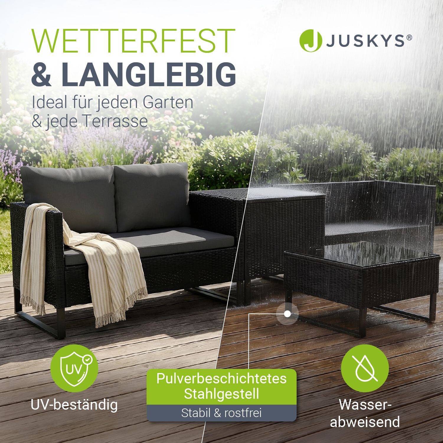 Juskys Gartenlounge-Set Santorini, (4-tlg), Polyrattan Sitzgruppe mit Beistelltisch & Auflagenbox, wetterfest