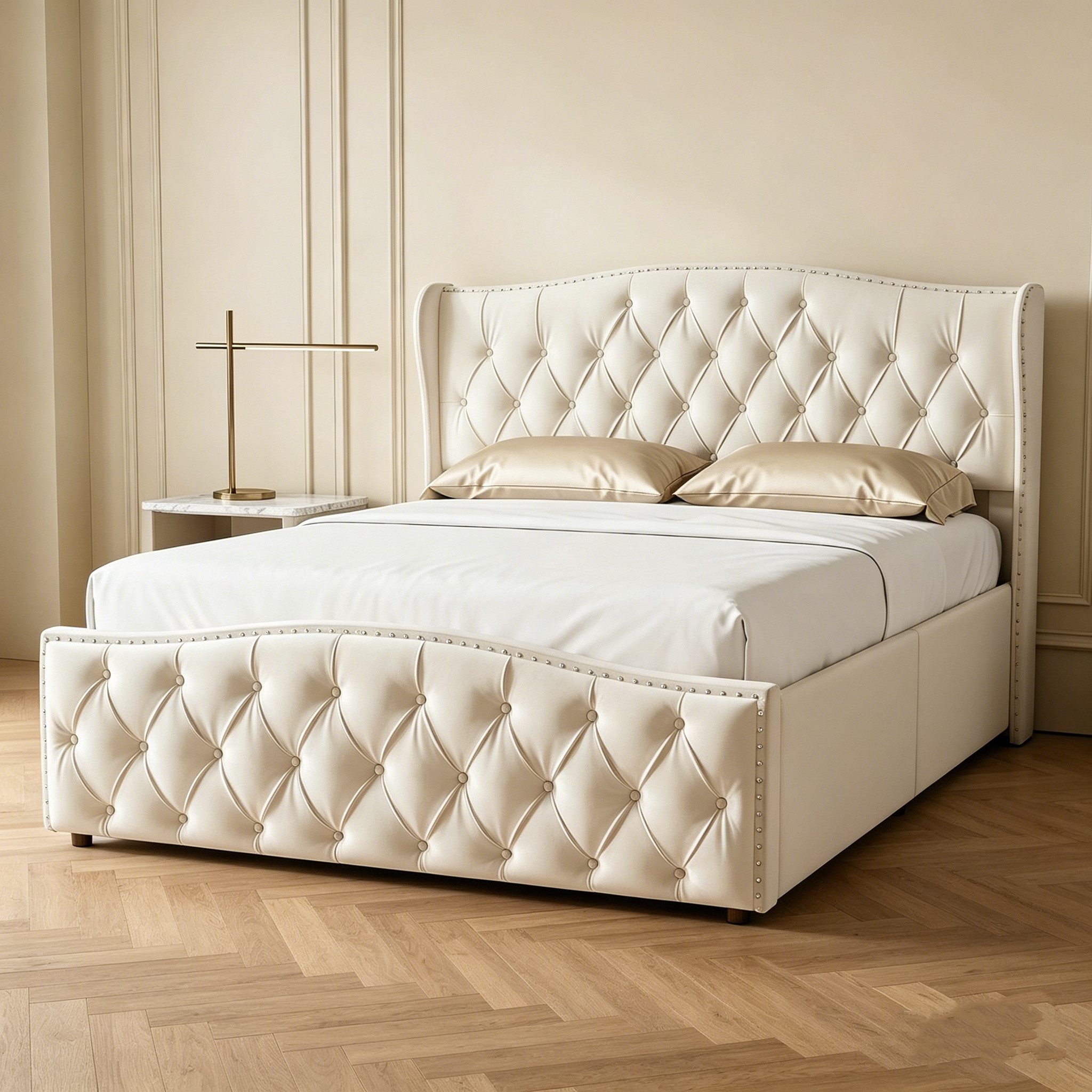 PXloue Polsterbett Hydraulisches Stauraumbett Doppelbett, mit Kopfteil und Lattenrost, Beige, Samt, 140x200 cm