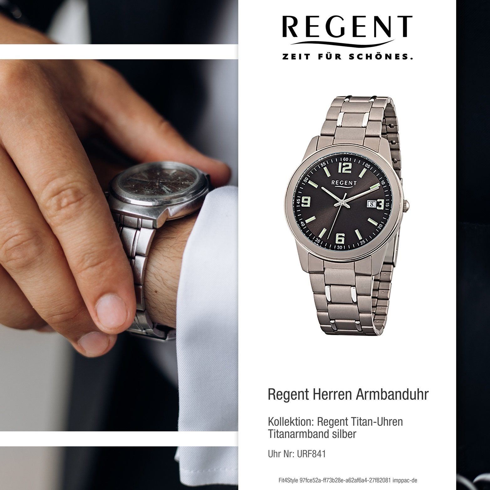 Regent Quarzuhr Regent Gehäuse, Elegant rundes Uhr Herren F-841 Titanarmband, mittel Titan 38mm), Herrenuhr Quarzuhr, (ca. mit