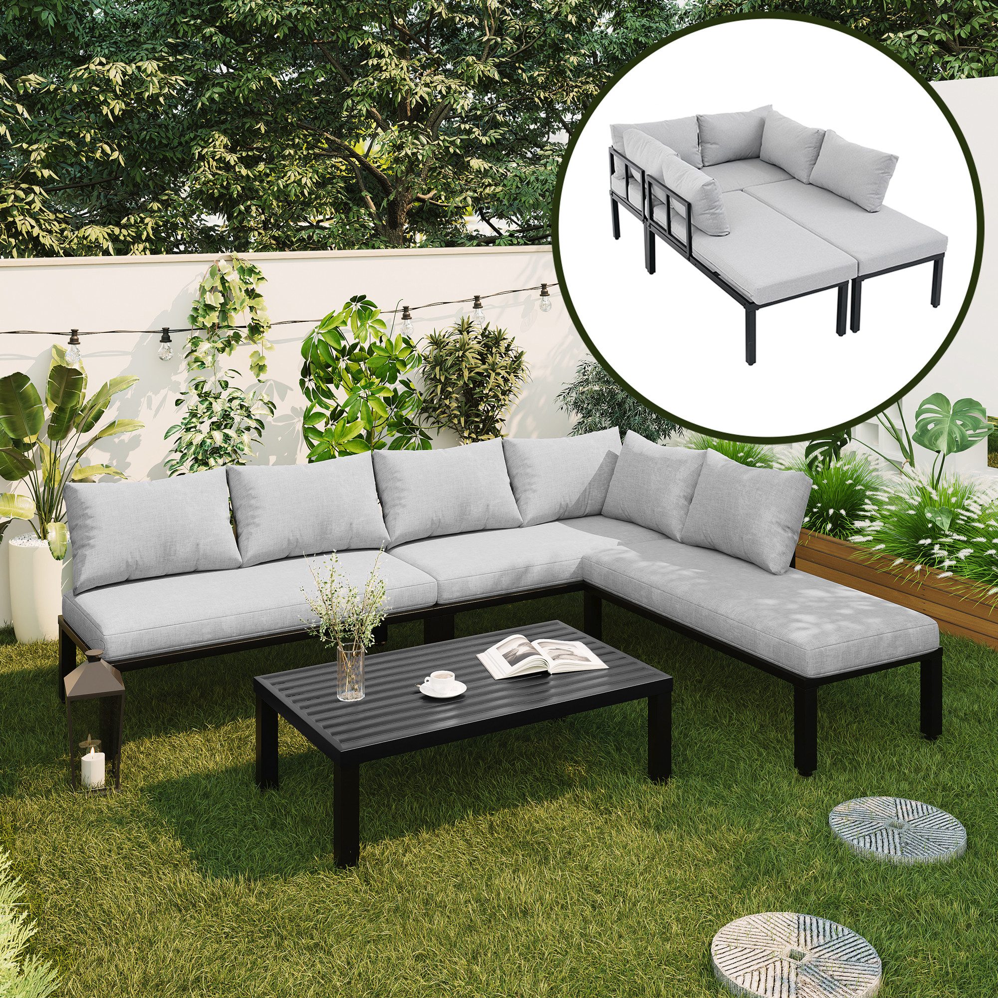 i@home Gartenlounge-Set Outdoor Lounge für Garten, (modular, mit Tisch verzinkter Stahlrahmen, 4-tlg., 6-Sitzer 3 Sofa-Module und 1 Couchtisch), Modern Gartenmöbel-Set, mit Liegefunktion, Grau