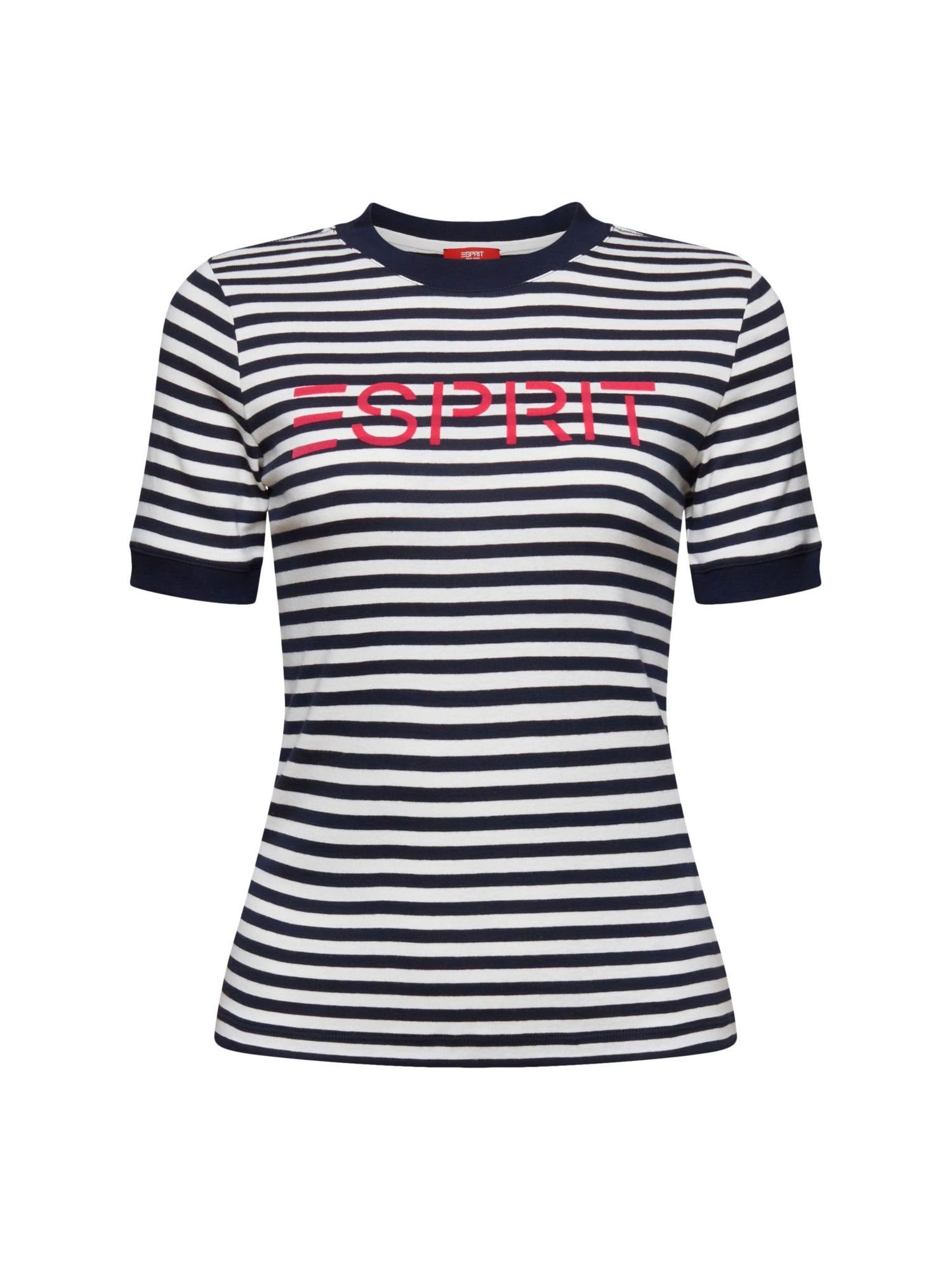 Esprit T-Shirt Gestreiftes Baumwoll-T-Shirt mit Logo-Print (1-tlg) NAVY