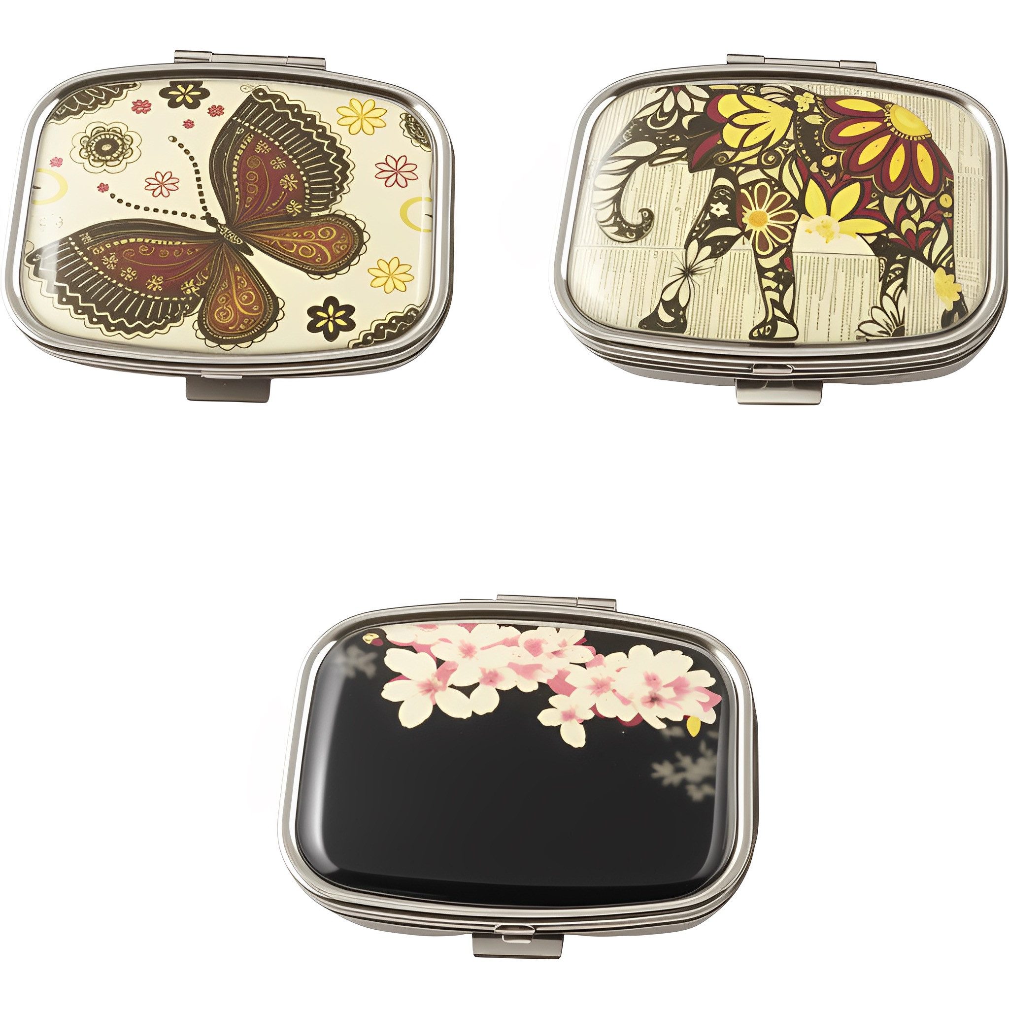 The Beauty House Pillendose Rechteckige Pillendose – Design „Schmetterling, Elefant & Kirschblüte“, Kleine Tablettendose für Unterwegs, Reise-Pillenspender Tablettenbox