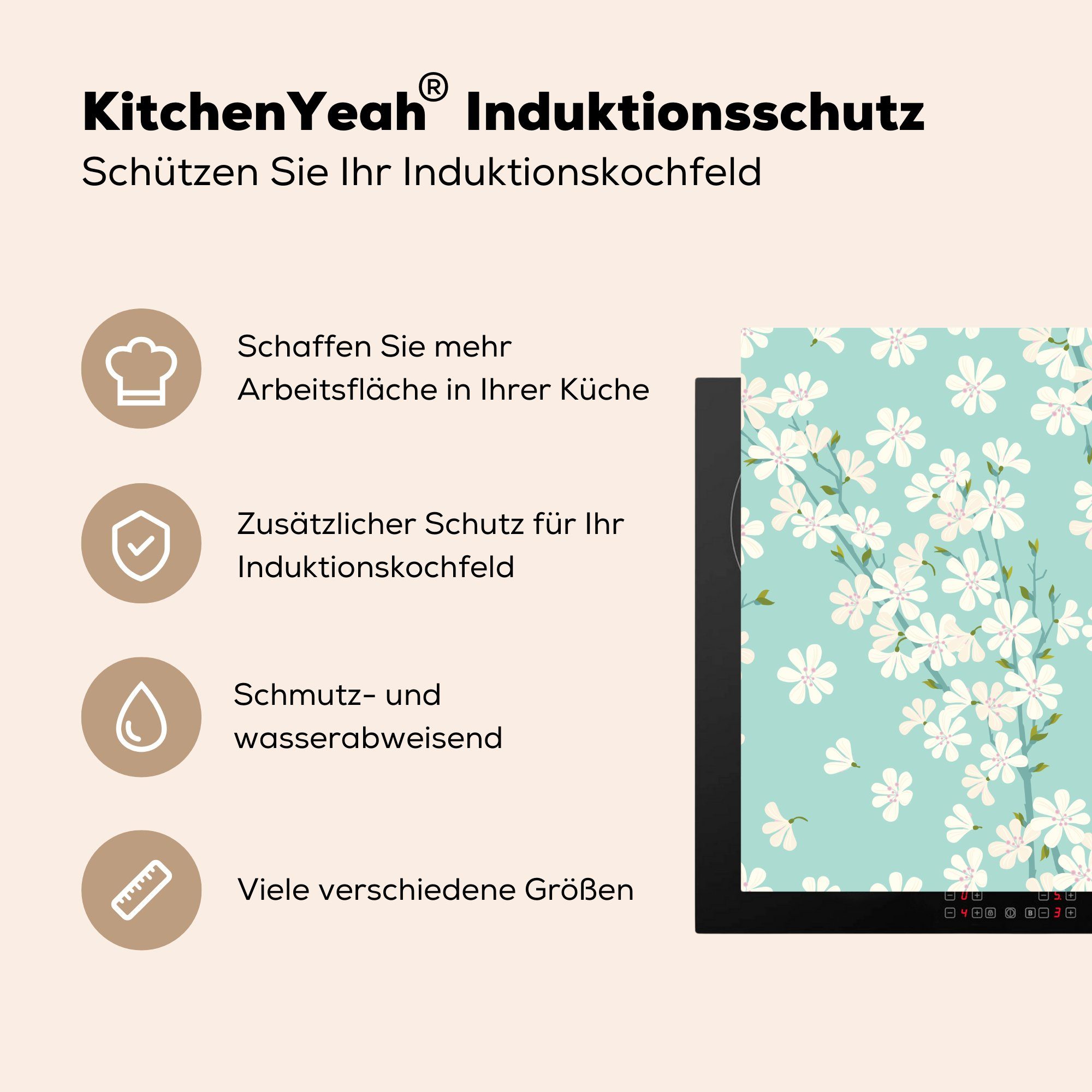 Kirschblüte, für Herdblende-/Abdeckplatte küche einer Illustration tlg), Ceranfeldabdeckung, Vinyl, 78x78 cm, (1 MuchoWow Arbeitsplatte