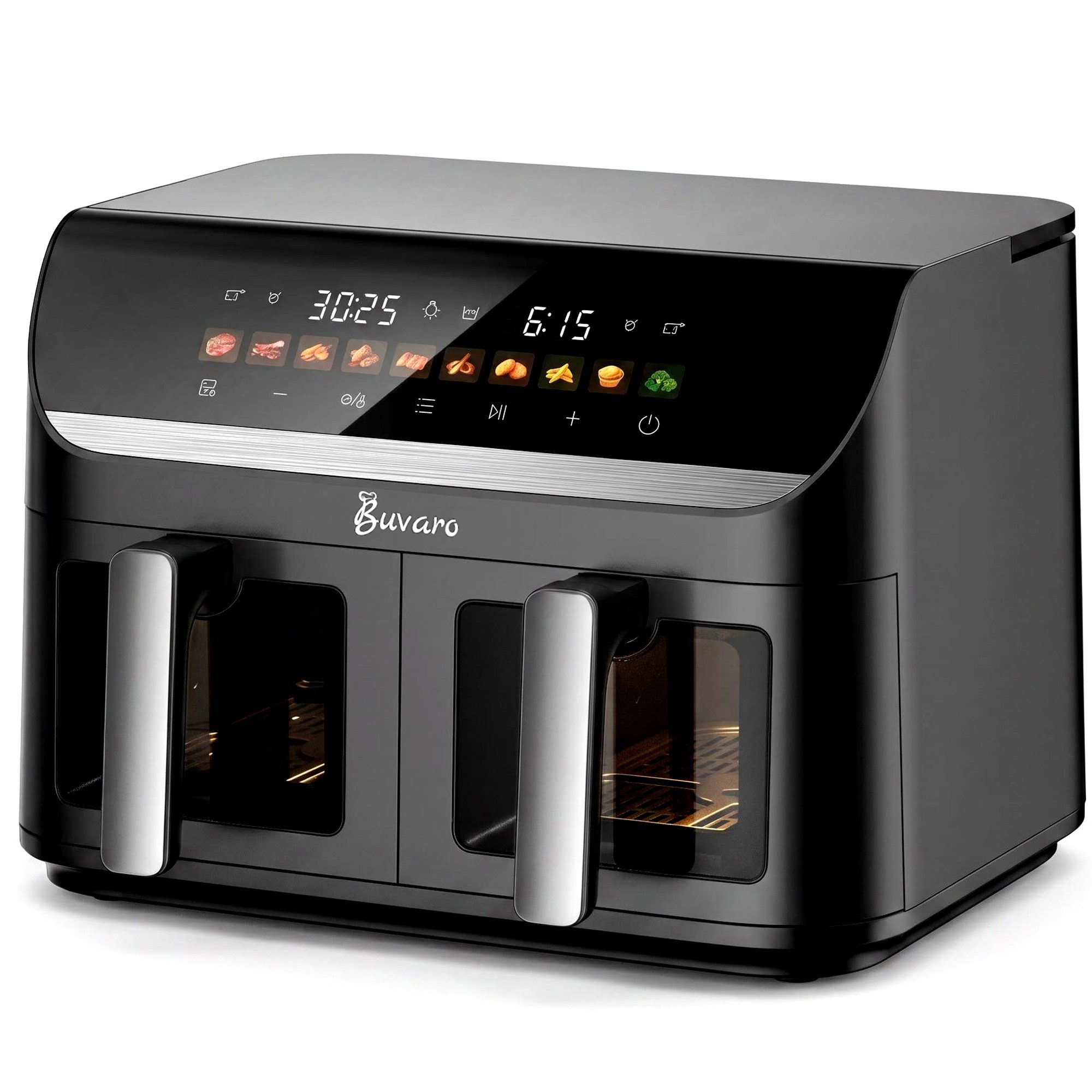BUVARO Heißluftfritteuse 2 Kammern, 11L, mit 10 voreingestellte Programme, Umluft Backofen, Sichtfenster, 2950 W, 11L, Transparente Sichtfenster, Sync Finish, Digitales Touch Display