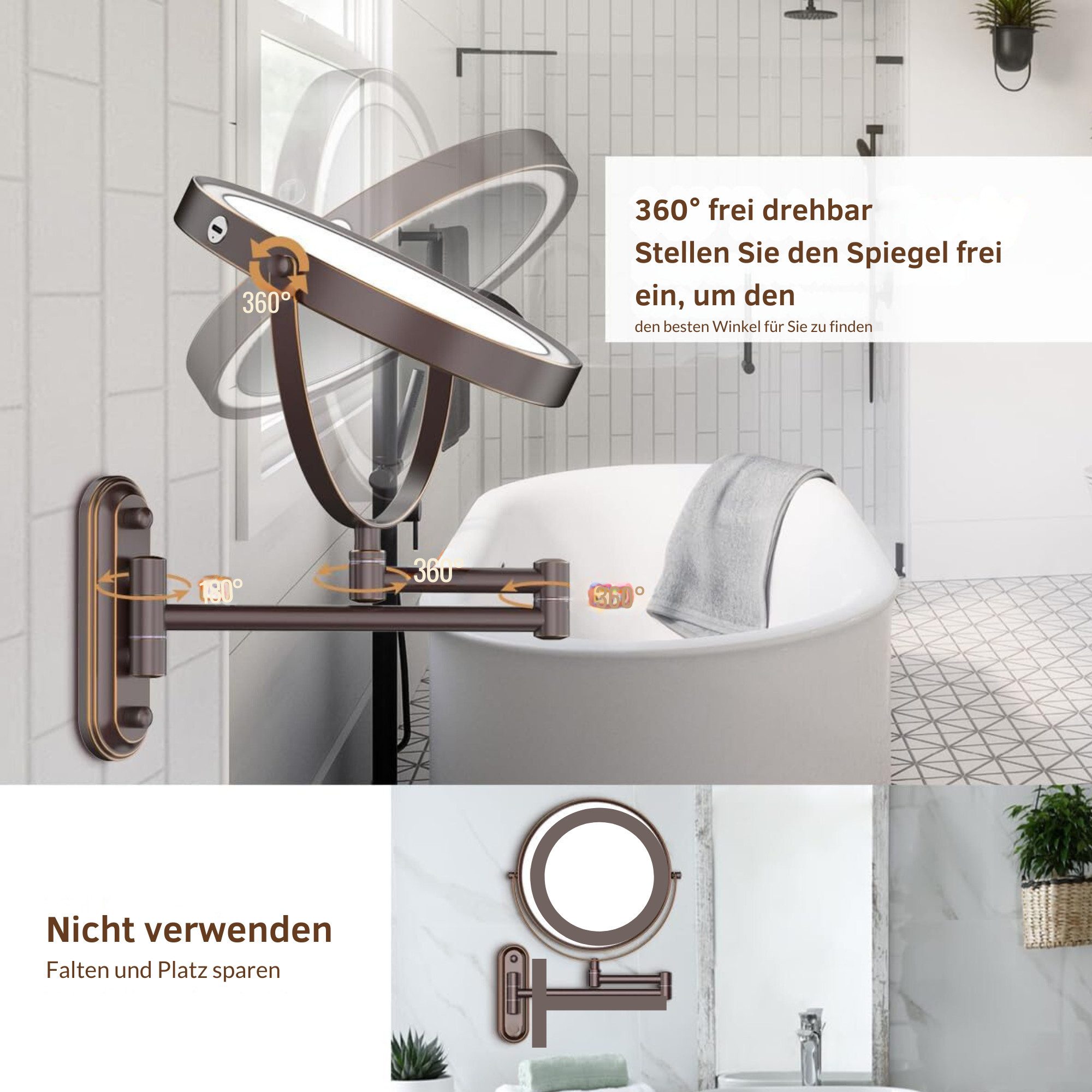 Vivitar Kosmetikspiegel Wiederaufladbarer beleuchteter Badezimmerspiegel, 1X/10X Vergrößerung (einfache Installation und 360-Grad-Drehung, Doppelseitig beleuchteter Kosmetikspiegel), Touch-Switch-Steuerung, einstellbare Helligkeit