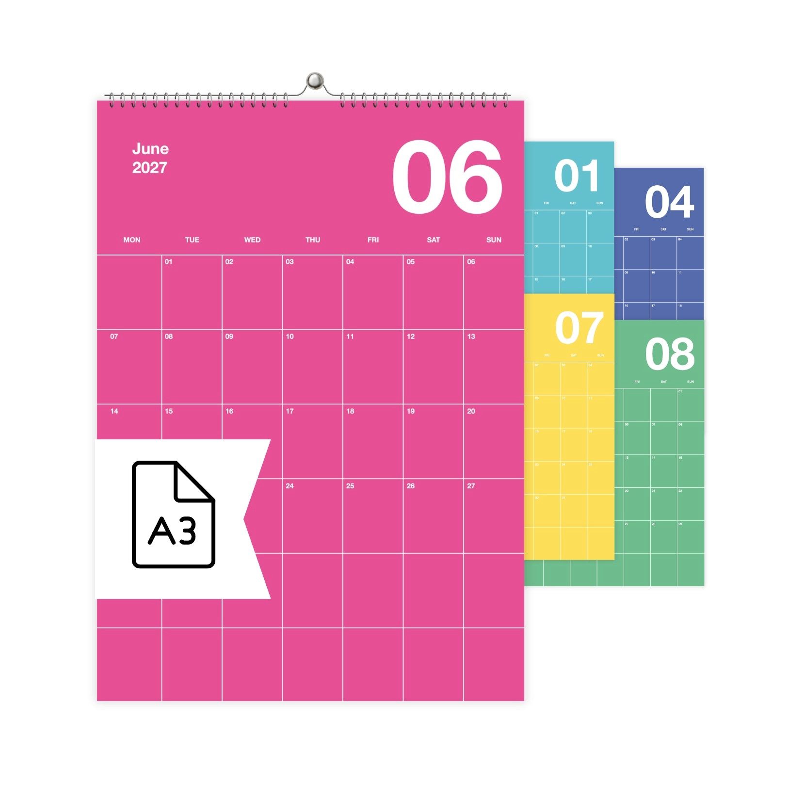 heaven+paper Jahresplaner A3 Bunter Design Wandkalender 2026 Knallig, hochwertig, Hergestellt in Deutschland