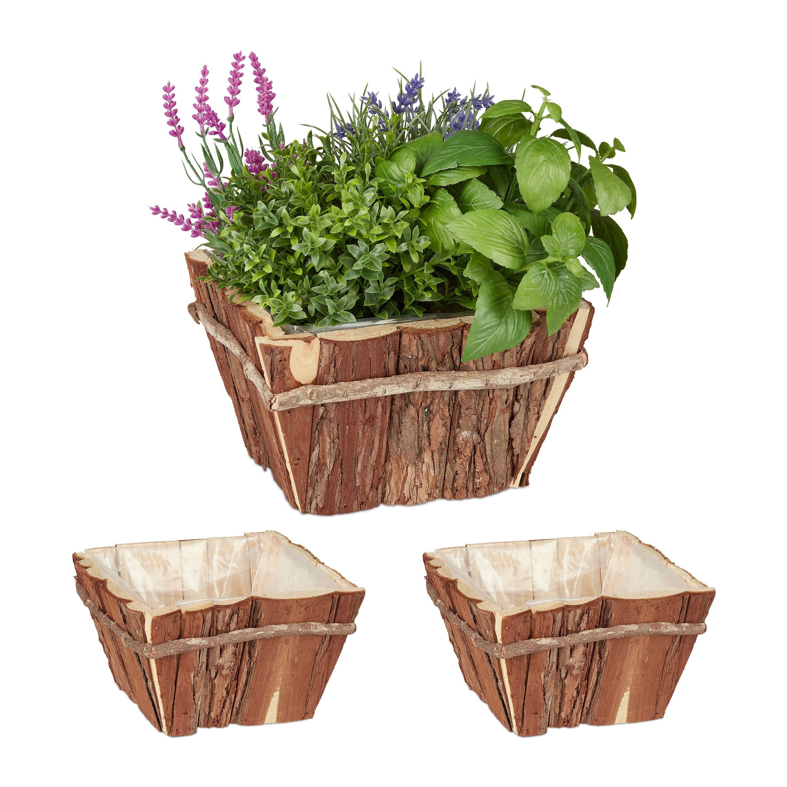 relaxdays Blumenkasten Blumenkasten Rinde 3er Set Holz mit