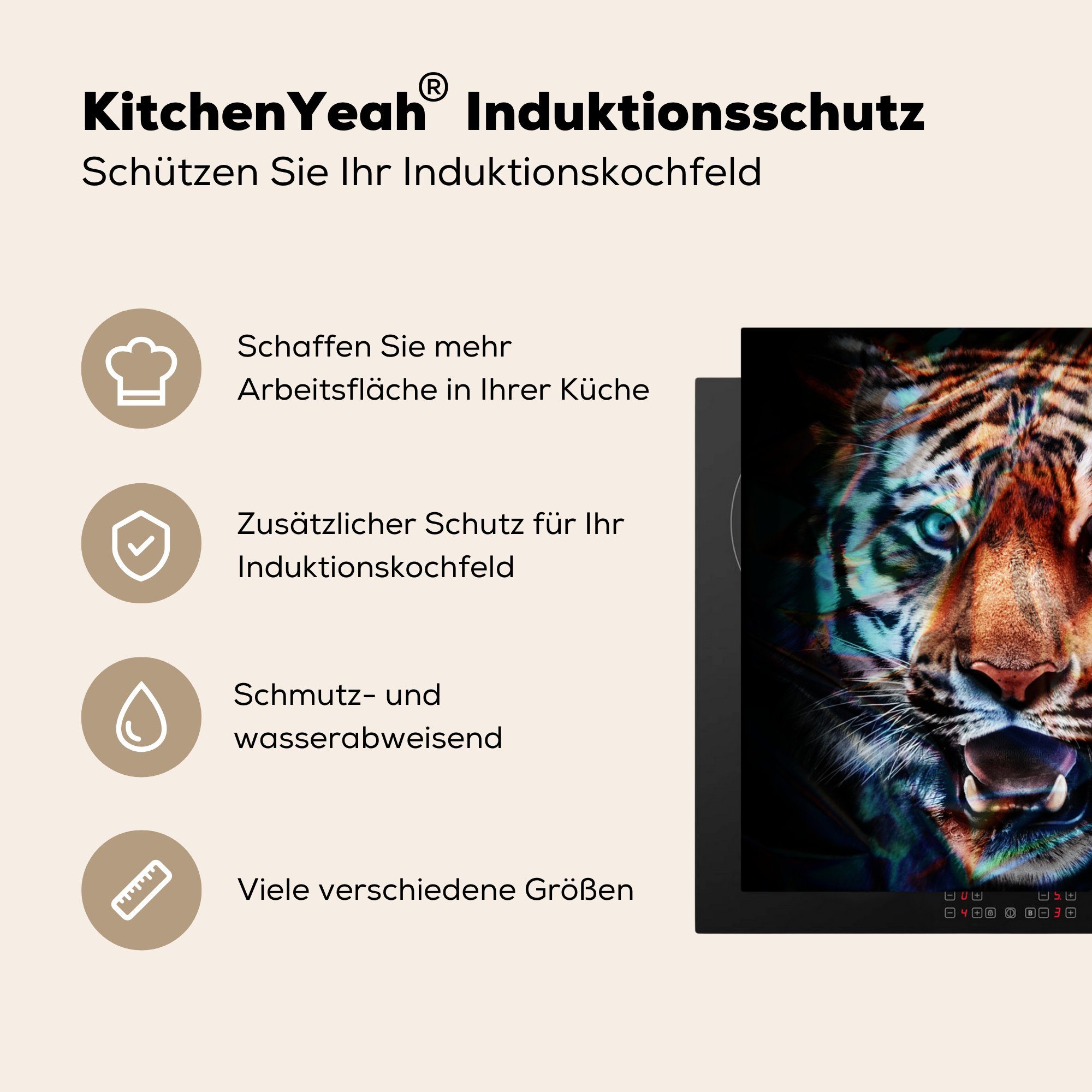 (1 Farben tlg), Vinyl, Ceranfeldabdeckung, küche - für 78x78 MuchoWow Arbeitsplatte cm, - Tier, Herdblende-/Abdeckplatte Tiger