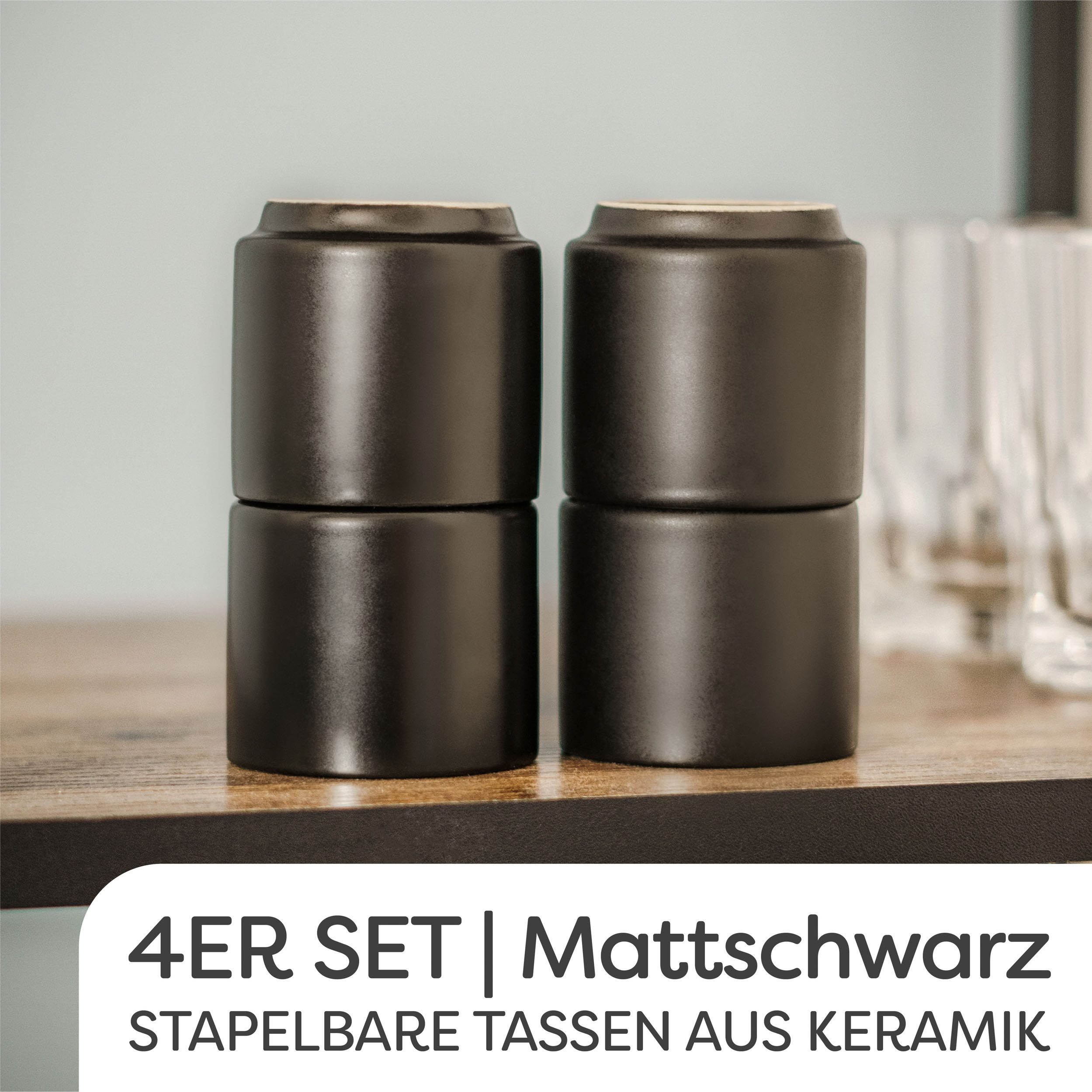 Cosumy Espressotasse Espressotassen Schwarz 4er Set aus Keramik - Stapelbares Design, 4-tlg., Keramik, 70ml – Bild 5 von 5