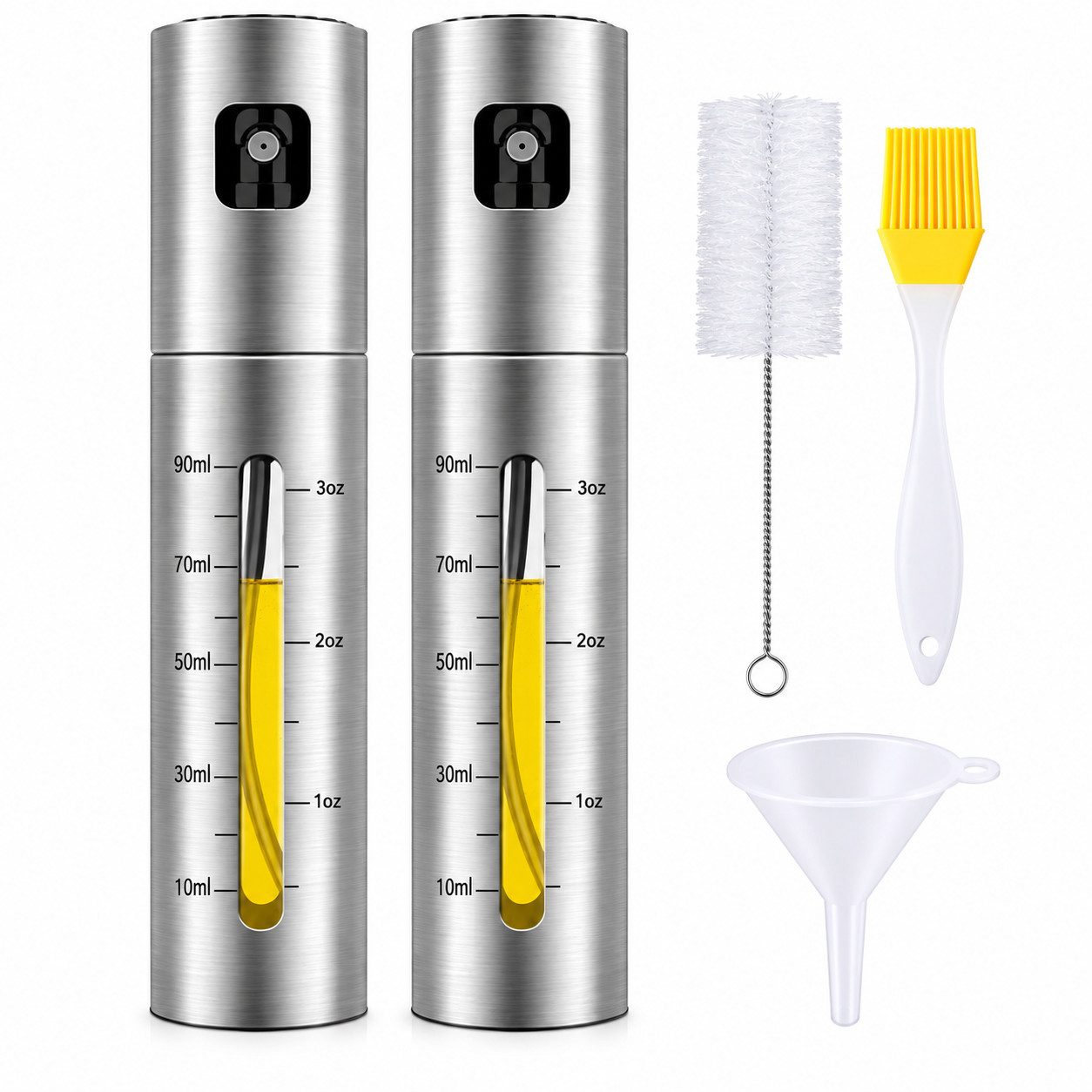 Fyrove Ölspender 2x Edelstahl Öl Sprühflasche 100ml mit Skala, Öl Zerstäuber Küche, (Ölsprüher mit feinem Sprühnebel, Messskala, Trichter & Reinigungsbürste, 2-tlg., für Kochen, Grillen und Backen), Für gesunde Küche, inkl. Ölpinsel, Trichter & Reinigungsbürste