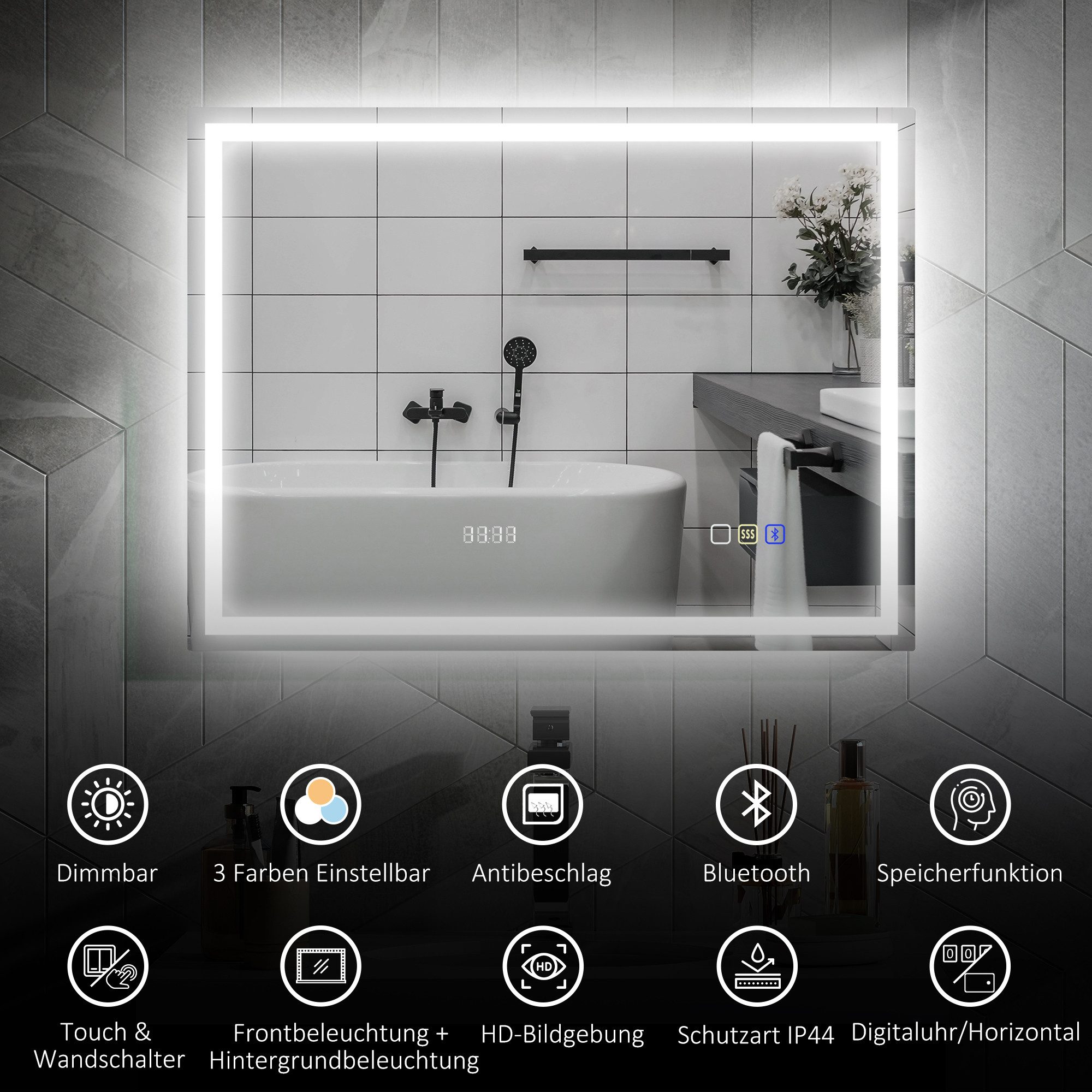 HOMCOM Badspiegel LED Spiegel Wandspiegel Bluetooth-Musikfunktion Memory-Funktion (Beschlagfrei Wandspiegel, 1-St., dimmbar LED Spiegel), für Badezimmer, Silber – Bild 4 von 5
