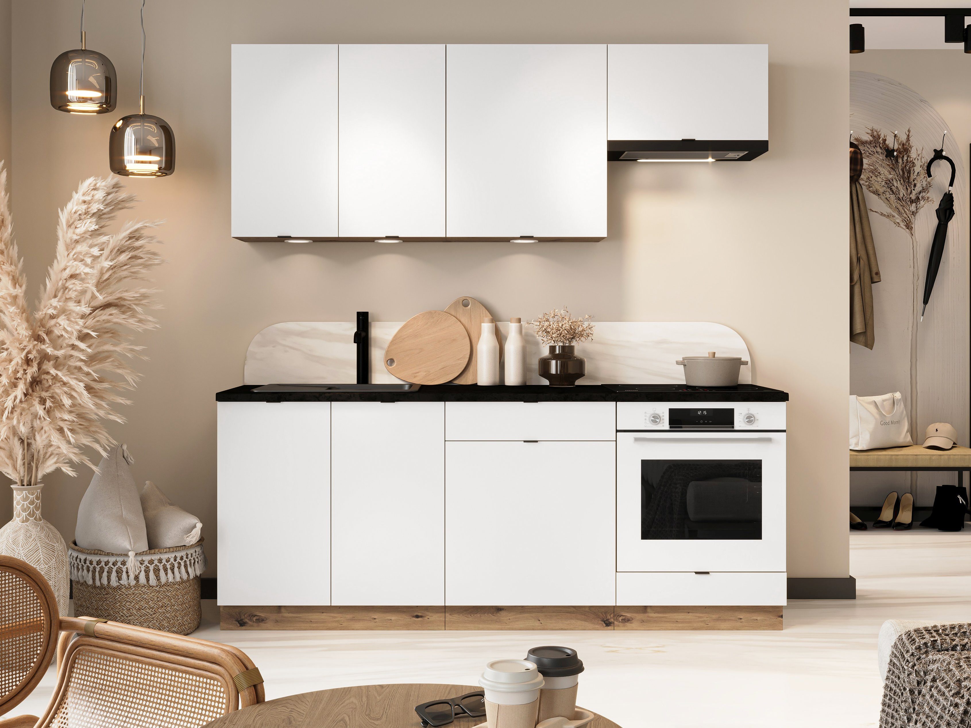 Küchenzeile Moderne Einbauküche GIANNA 200 cm, weiß, 6-teilig