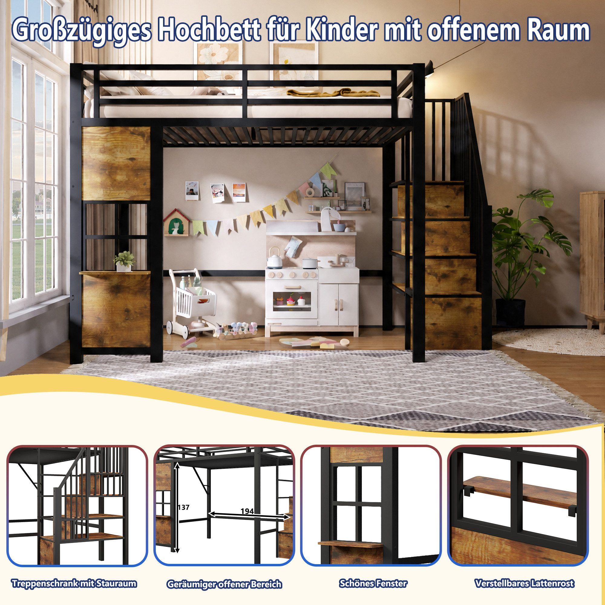 BlingBin Hochbett 90/140x200 cm Kinderbett Jugendbett mit Treppe, Stauraum, Metall (3 Packung, 1-St., mit Ablageleiter und Schutzgeländer,Lattenrost) offener Stauraum unter dem Bett,Ohne Matratze