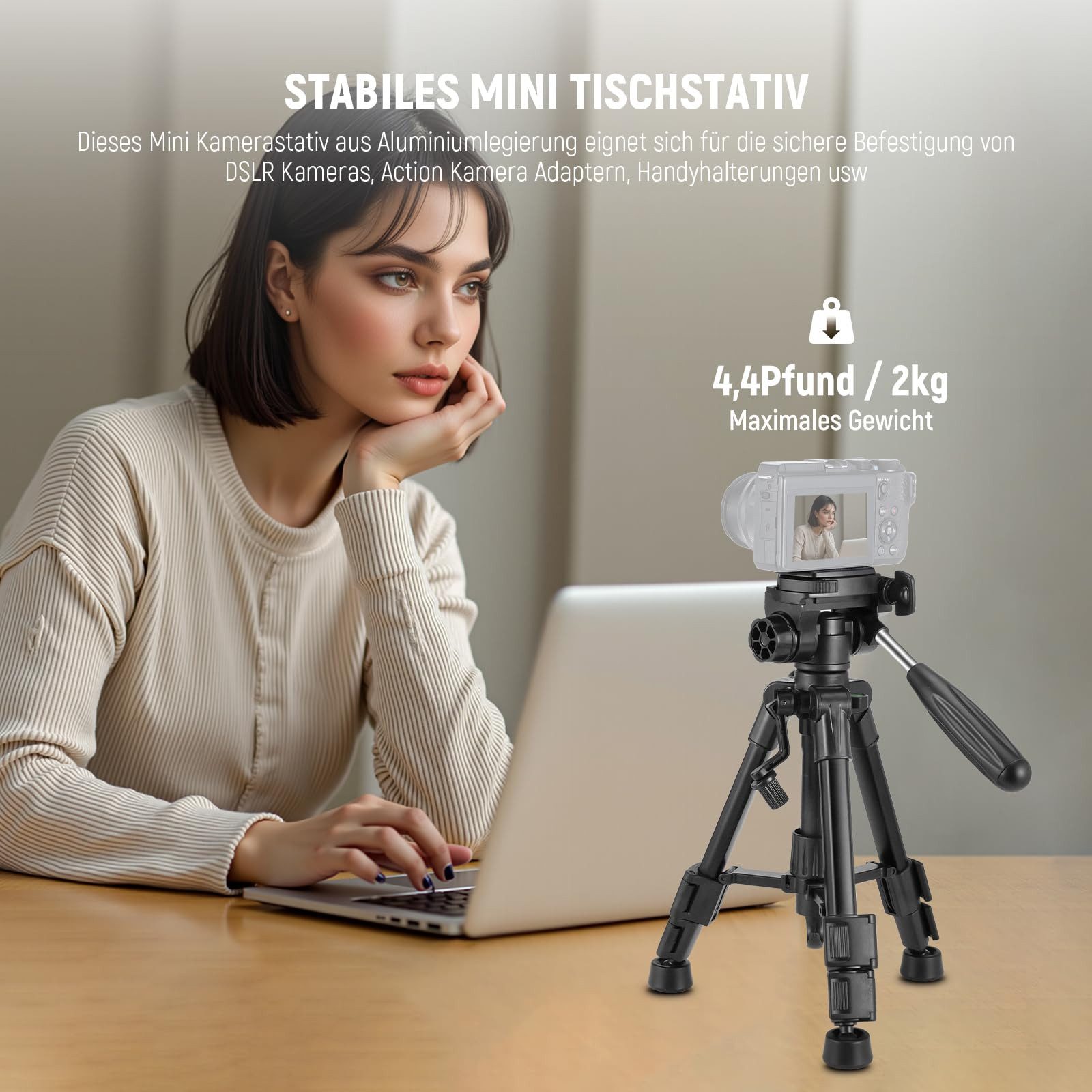 Neewer TP02 Mini Tischstativ mit 3-Wege-Kopf für Kamera, max. 2kg Tragkraft Ministativ (höhenverstellbar von 32 bis 61.5 cm)