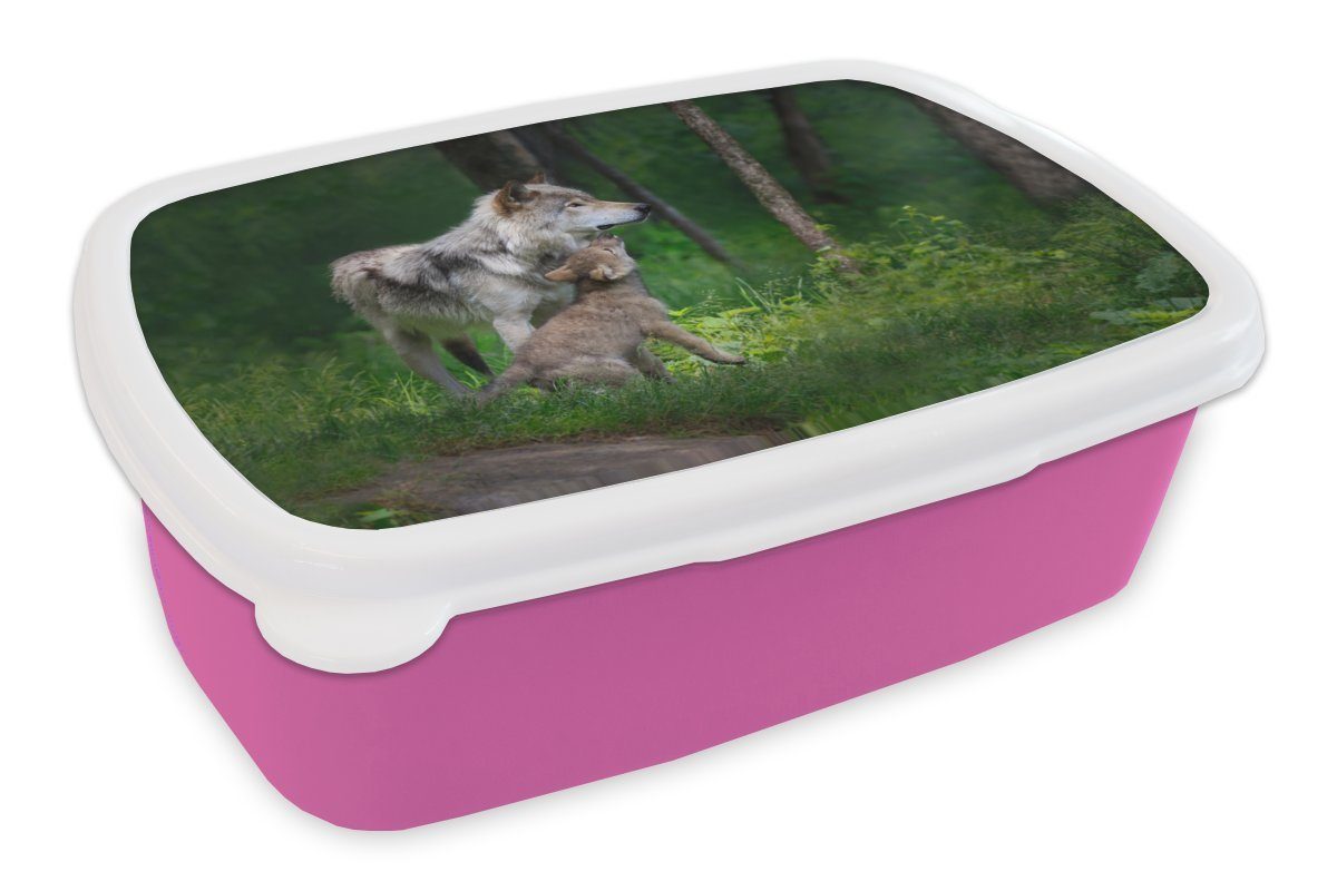 MuchoWow Lunchbox Graue Wölfin mit ihrem Welpen, Kunststoff, (2-tlg), Brotbox für Erwachsene, Brotdose Kinder, Snackbox, Mädchen, Kunststoff rosa