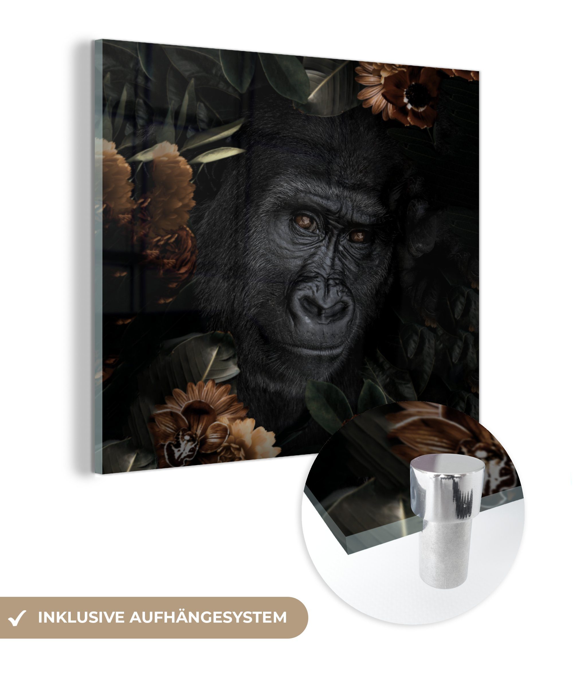 MuchoWow Acrylglasbild Affe - Tiere - Blumen - Schwarz, (1 St), Glasbilder - Bilder auf Glas Wandbild - Foto auf Glas - Wanddekoration