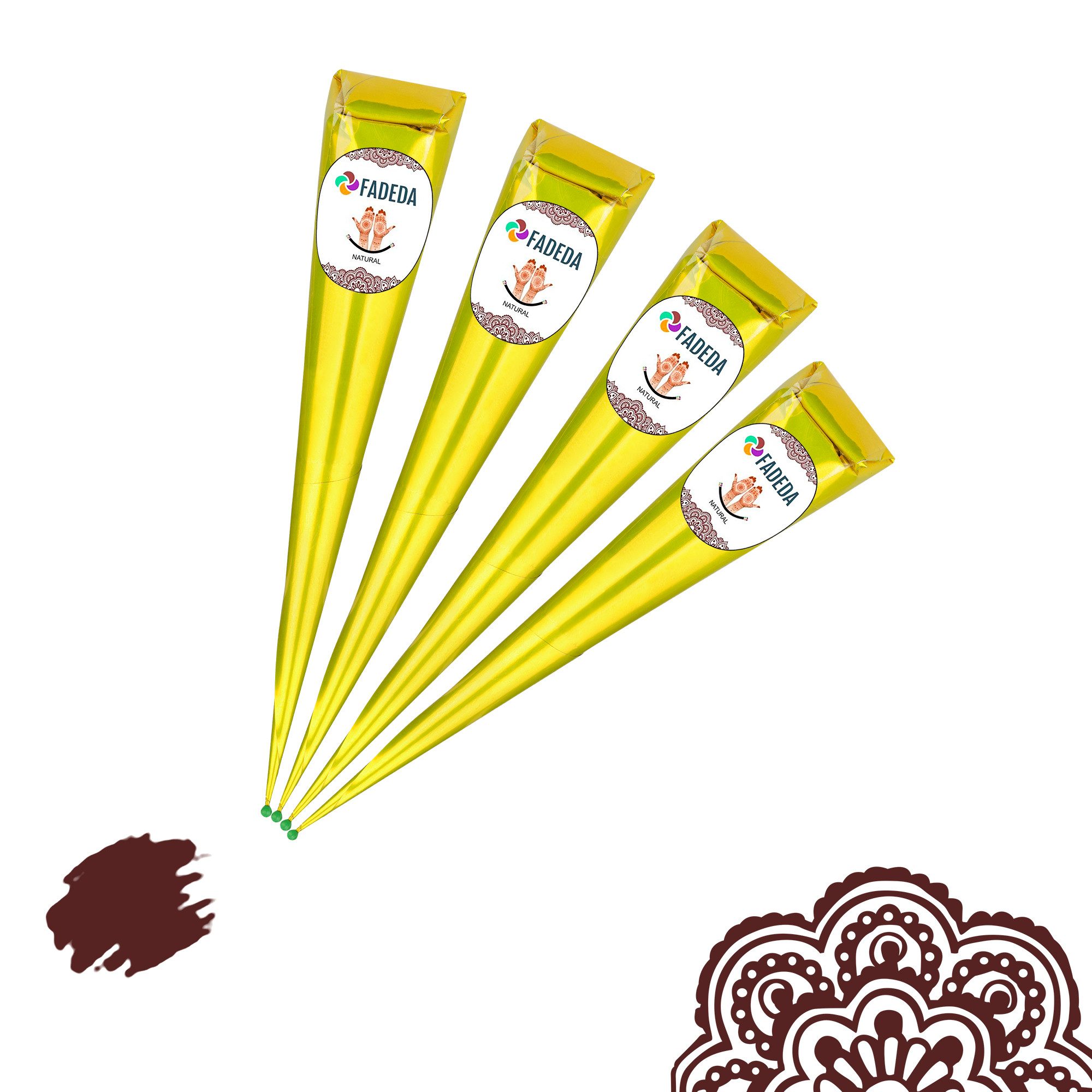 FADEDA Schmuck-Tattoo 4x FADEDA 100% Natural Henna Paste Cones Kegel (Natur-Braun) No Mix, 4 Henna Kegel, VEGAN, HALAL, 100% Bio