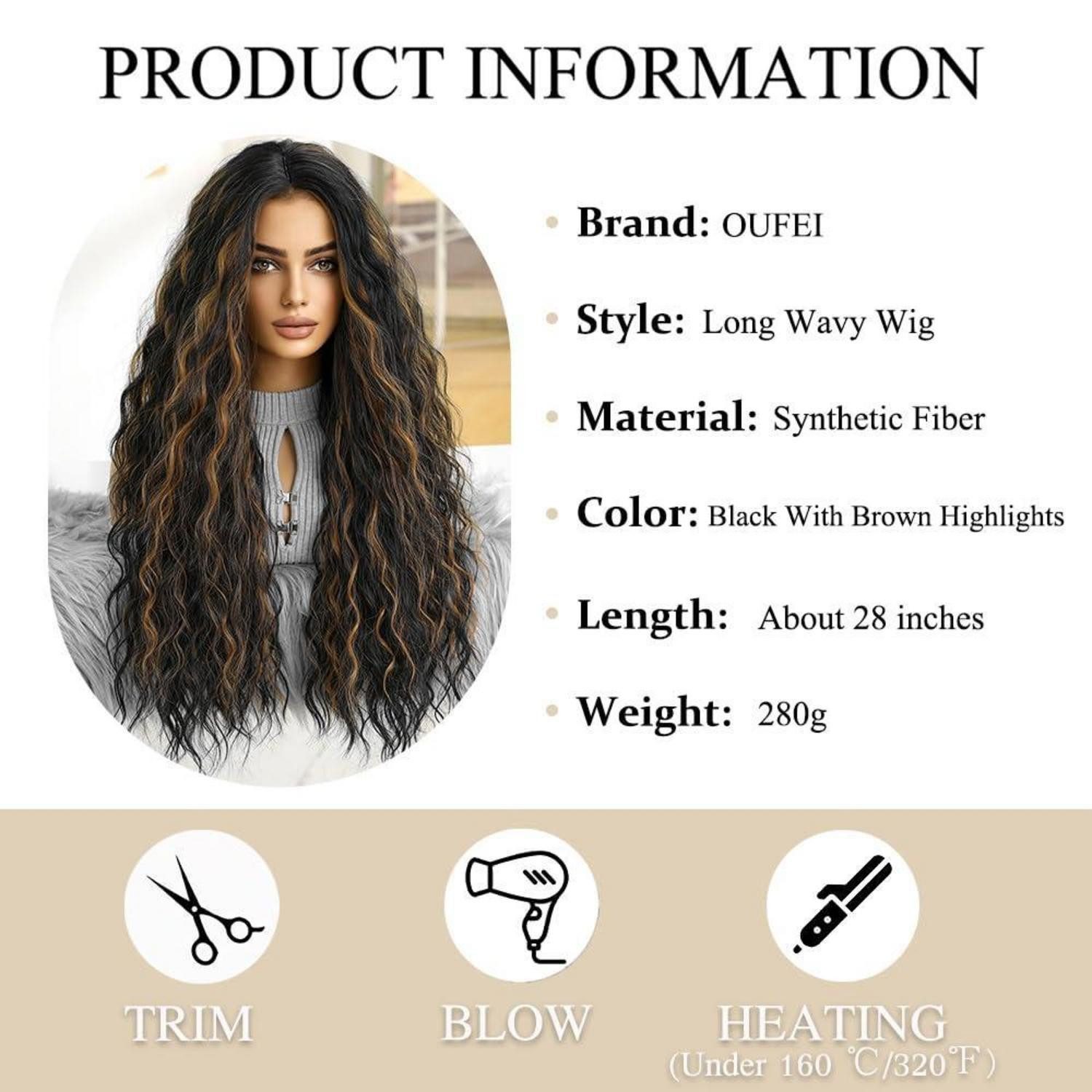 LuxusKollektion Kunsthaarperücke Lange Schwarze Braun Highlights Gewellt Synthetische Perücke für