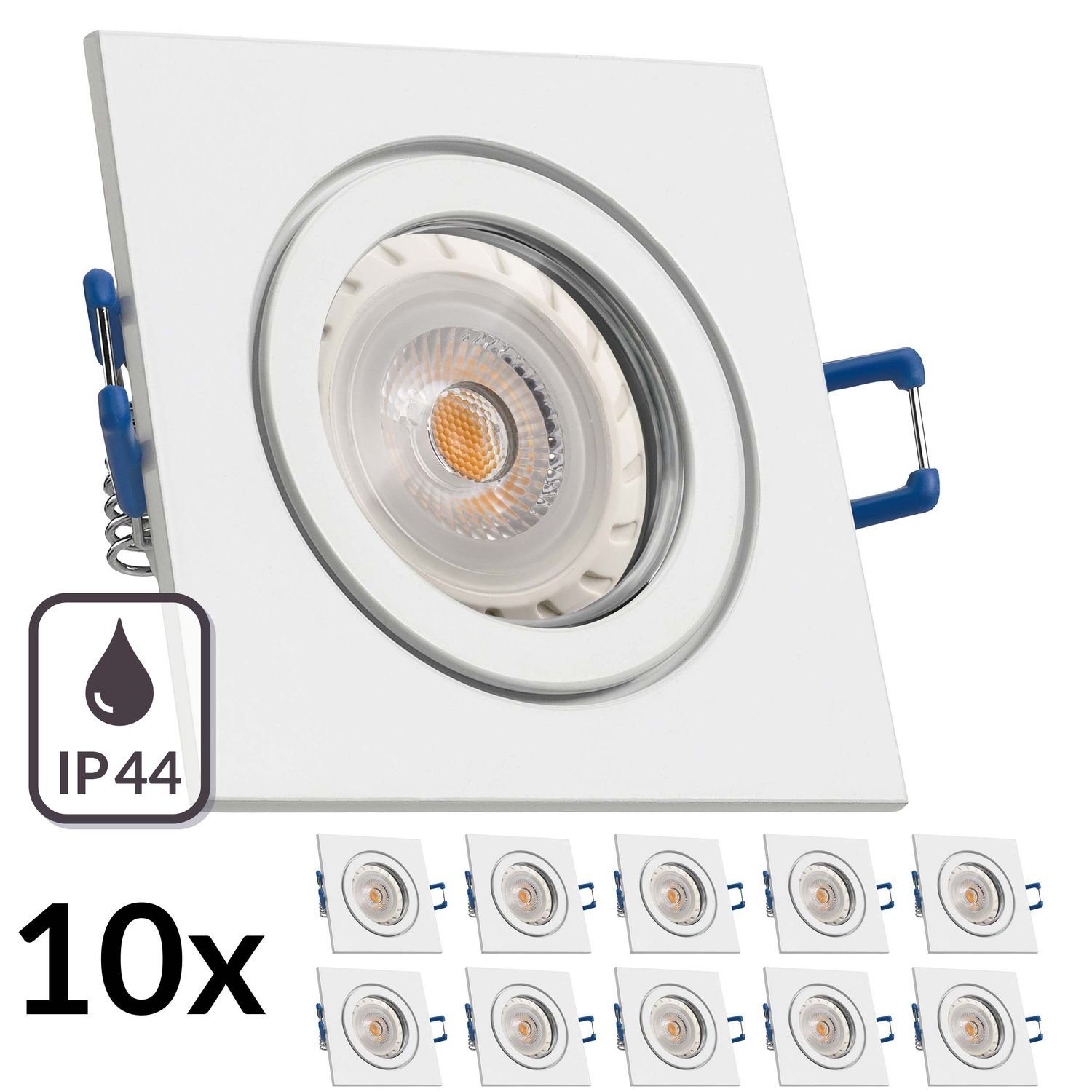 LEDANDO LED Einbaustrahler 10er IP44 LED Einbaustrahler Set Weiß mit LED GU10 Markenstrahler von