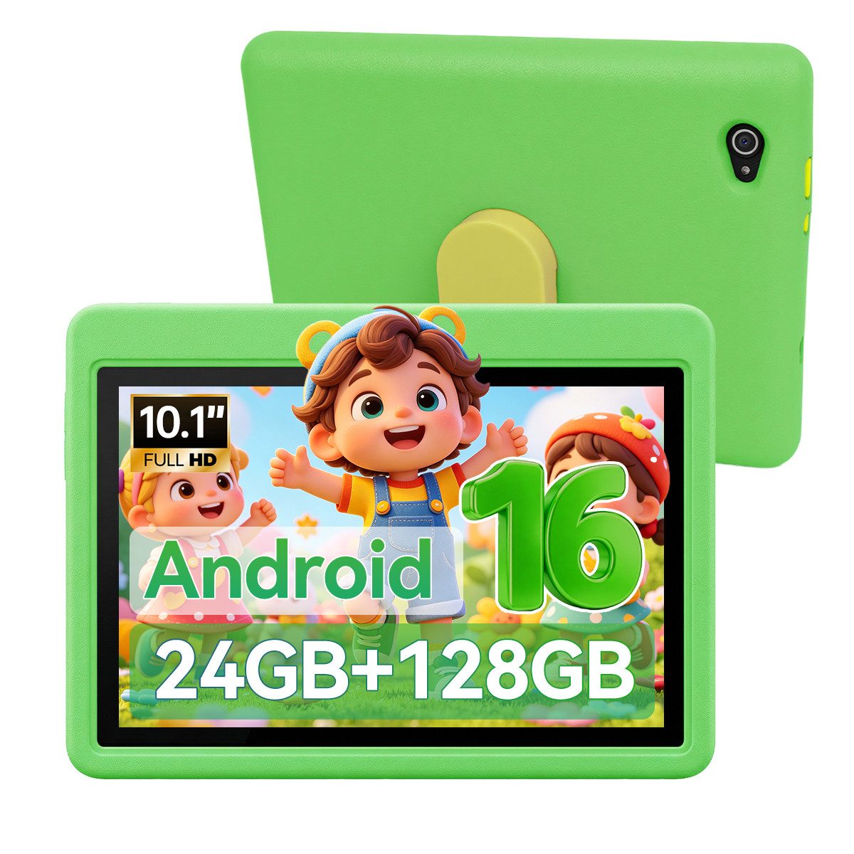 Happybe 10 Zoll 64GB/128GB Android 16 mit Hülle Kindersicherung WLAN Kinder Tablet (10.1", 128 GB, Android, 24(3+21)GB RAM, 6000 mAh)