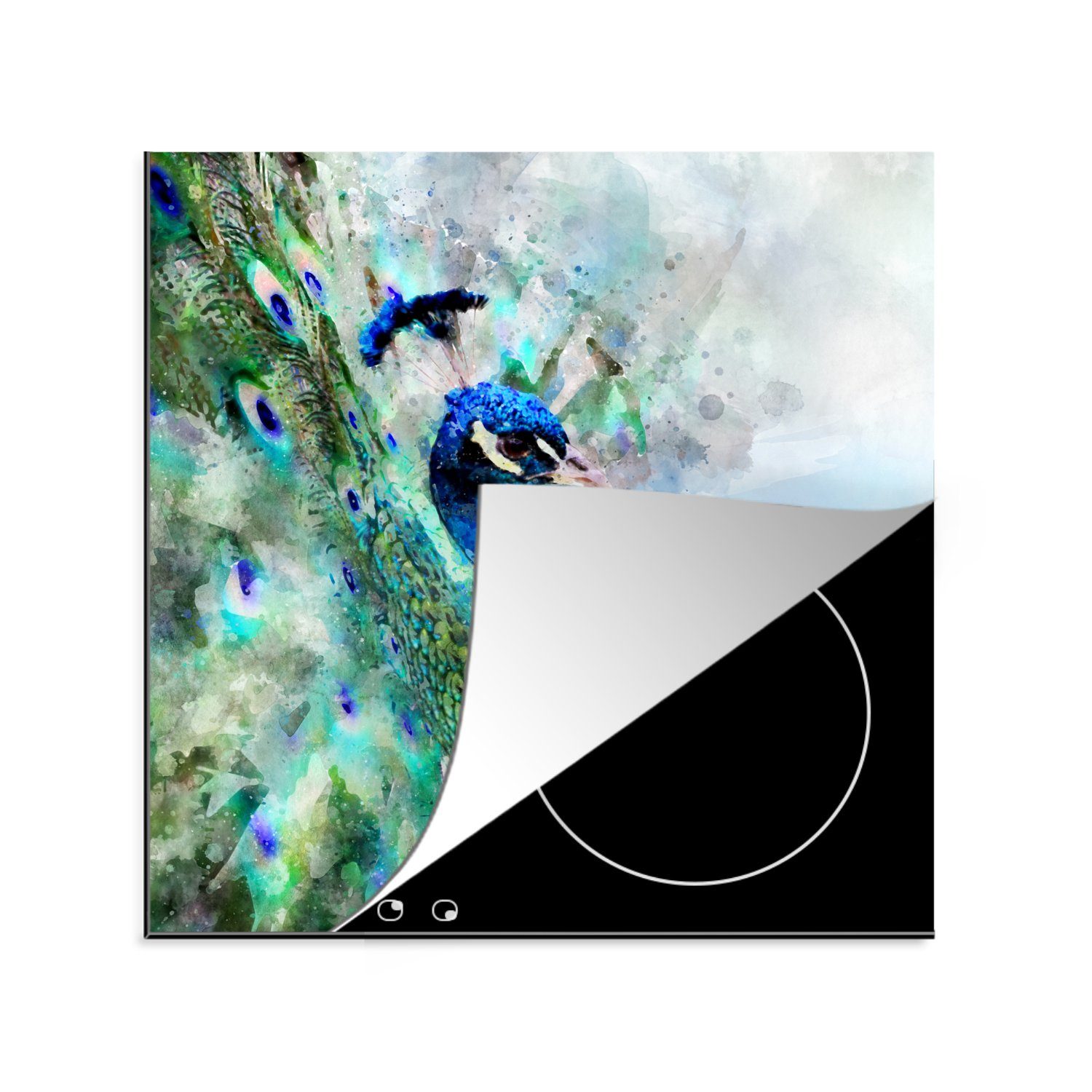 MuchoWow Herdblende-/Abdeckplatte Ceranfeldabdeckung, - Aquarell küche Arbeitsplatte Pfau 78x78 cm, Blau, tlg), für Vinyl, - (1
