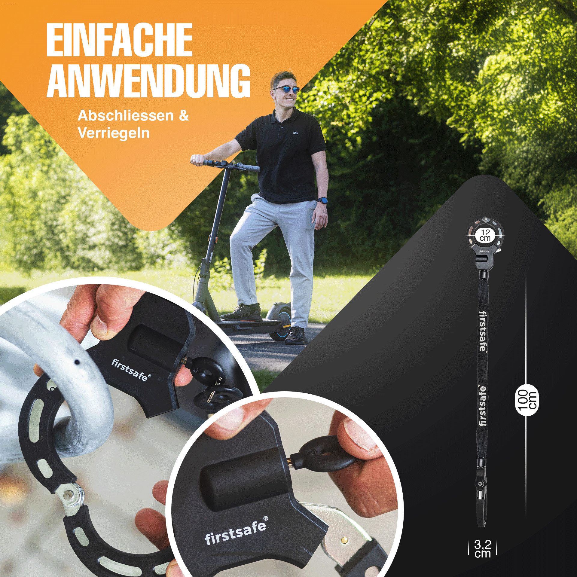 firstsafe Kettenschloss Handschellenschloss für E Scooter Schloss mit Sleevemantel – Bild 4 von 5