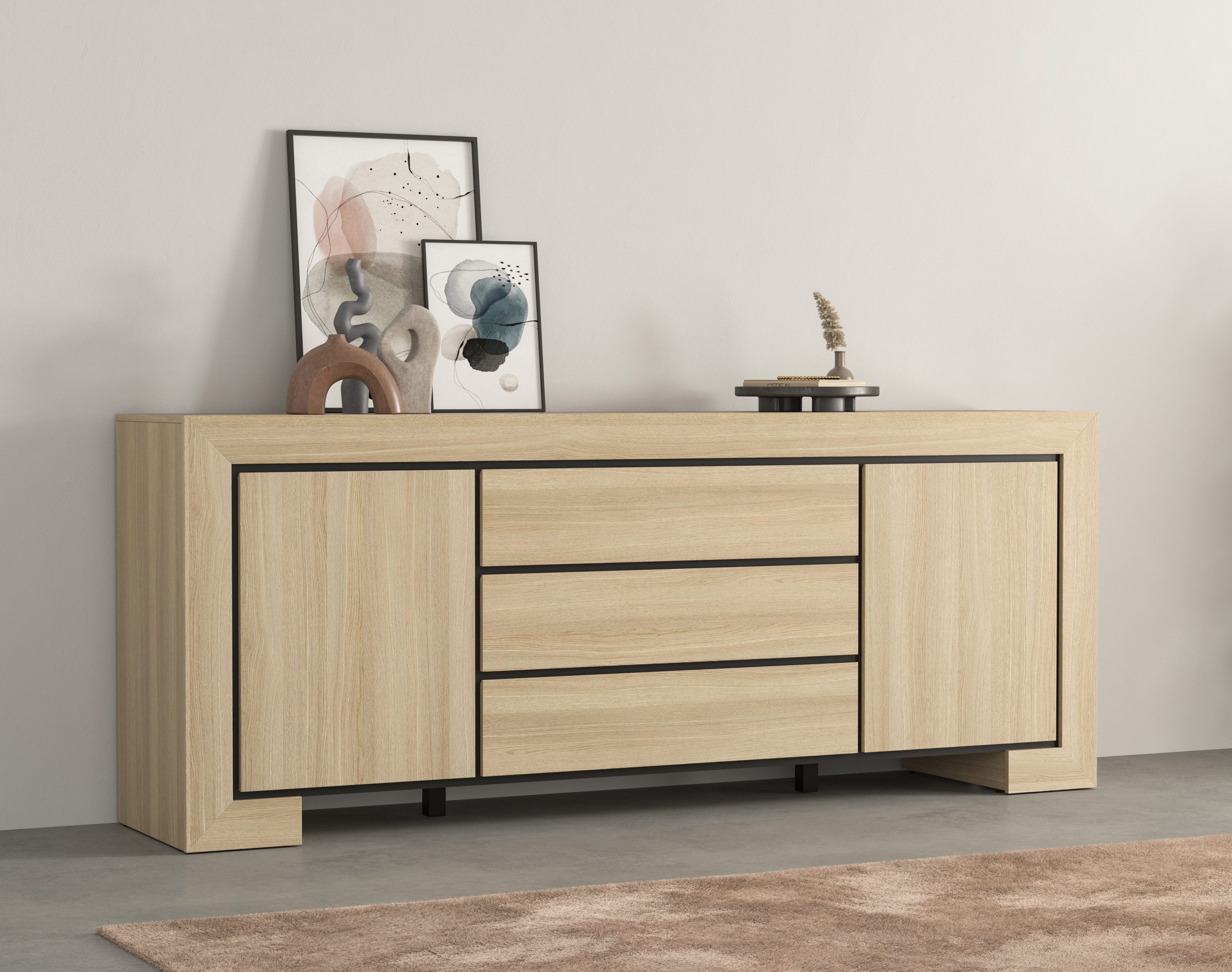 Masseno Kommode LUNO 225 cm Sideboard mit 3 Schubladen und 2 Türen Eichefarben