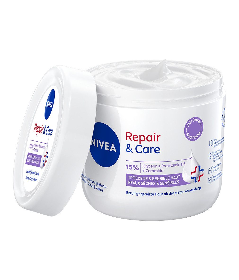 Nivea Tagescreme Repair & Care Creme-Tiegel Parfümfrei 400ml, 2-tlg., angereichert mit 15% Glycerin, Provitamin B5 und Ceramide