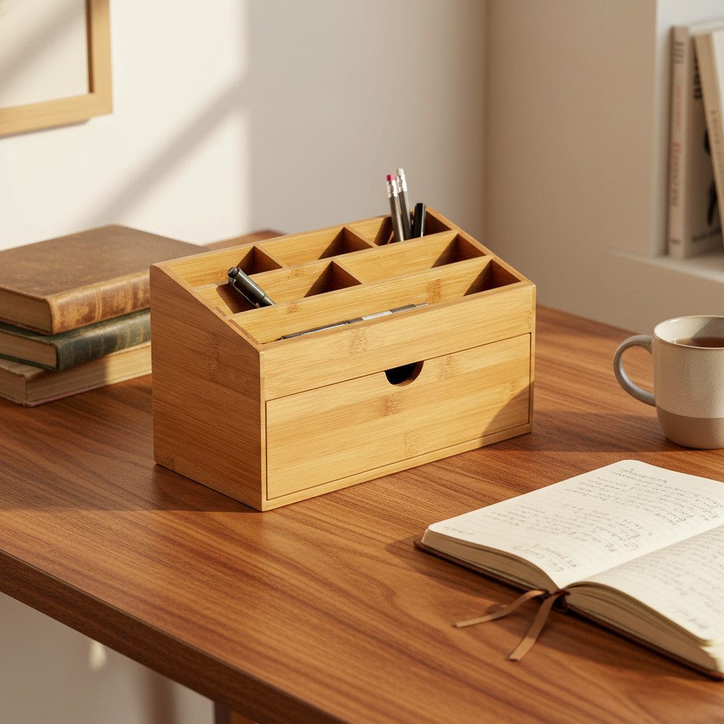 hausleben Organizer Schreibtisch aus Bambus mit Schublade–Büro Organizer, (Schreibtischablage für Büro & Home Office, 1 St), 6 Fächer mit Schublade,24,5x13x15 cm