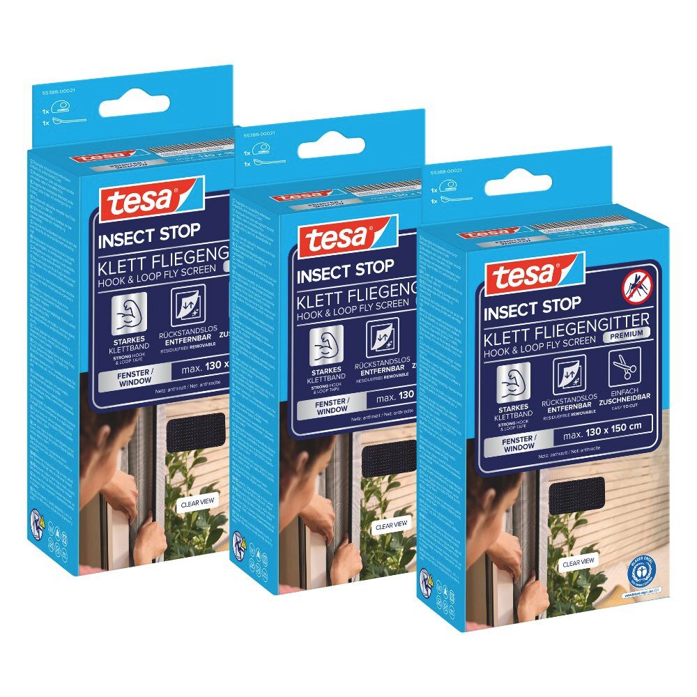 tesa Insektenschutz-Fensterrahmen Klett Fliegengitter Premium für Fenster, Insektenschutz, ohne bohren, (Packung, 3-St), Mückenschutz mit starkem Klettband, rückstandsfrei entfernbar