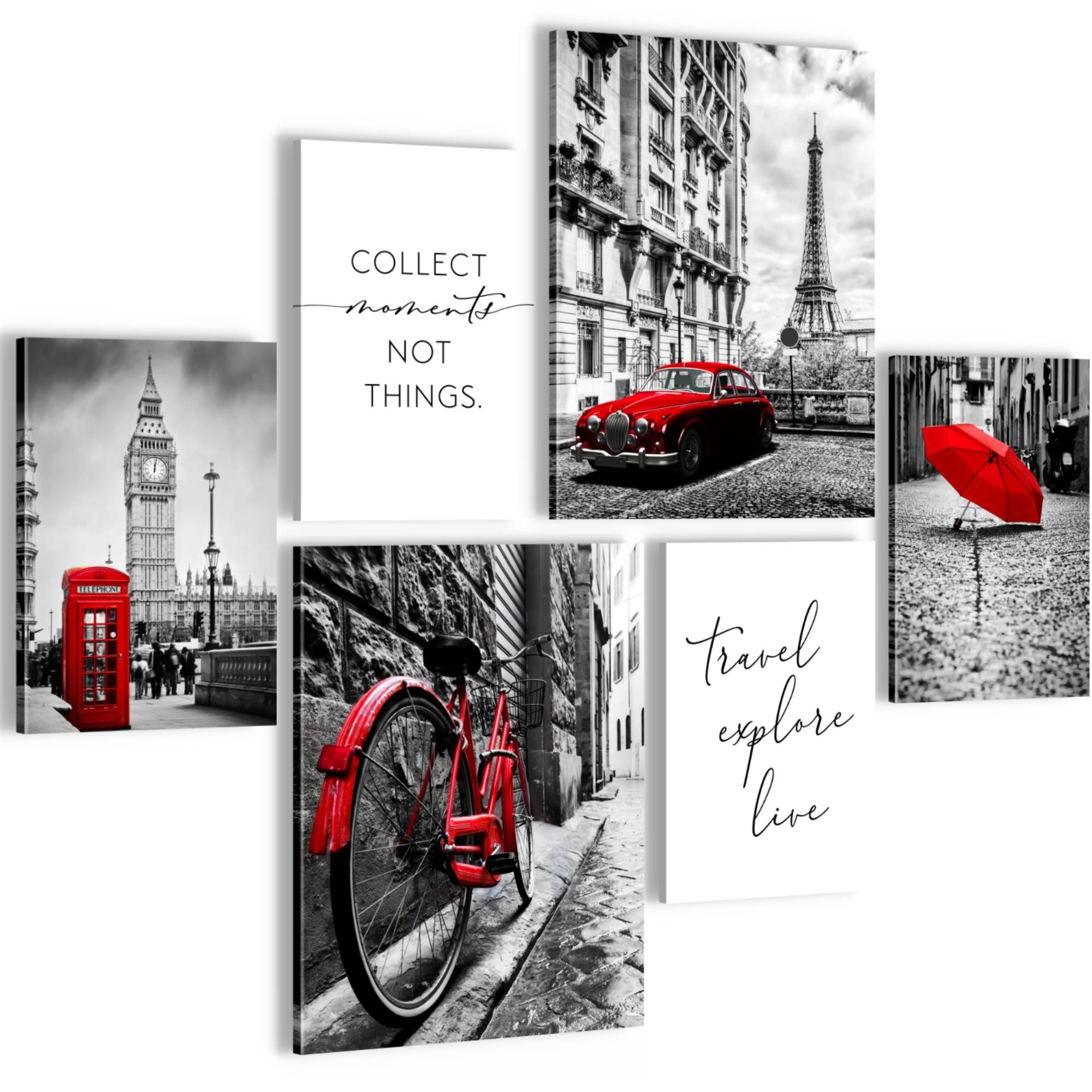 Novart Wandbild London Paris Städte Rot AUFHÄNGFERTIG Modern Deko Schlafzimmer N0245, 102L x 84B cm