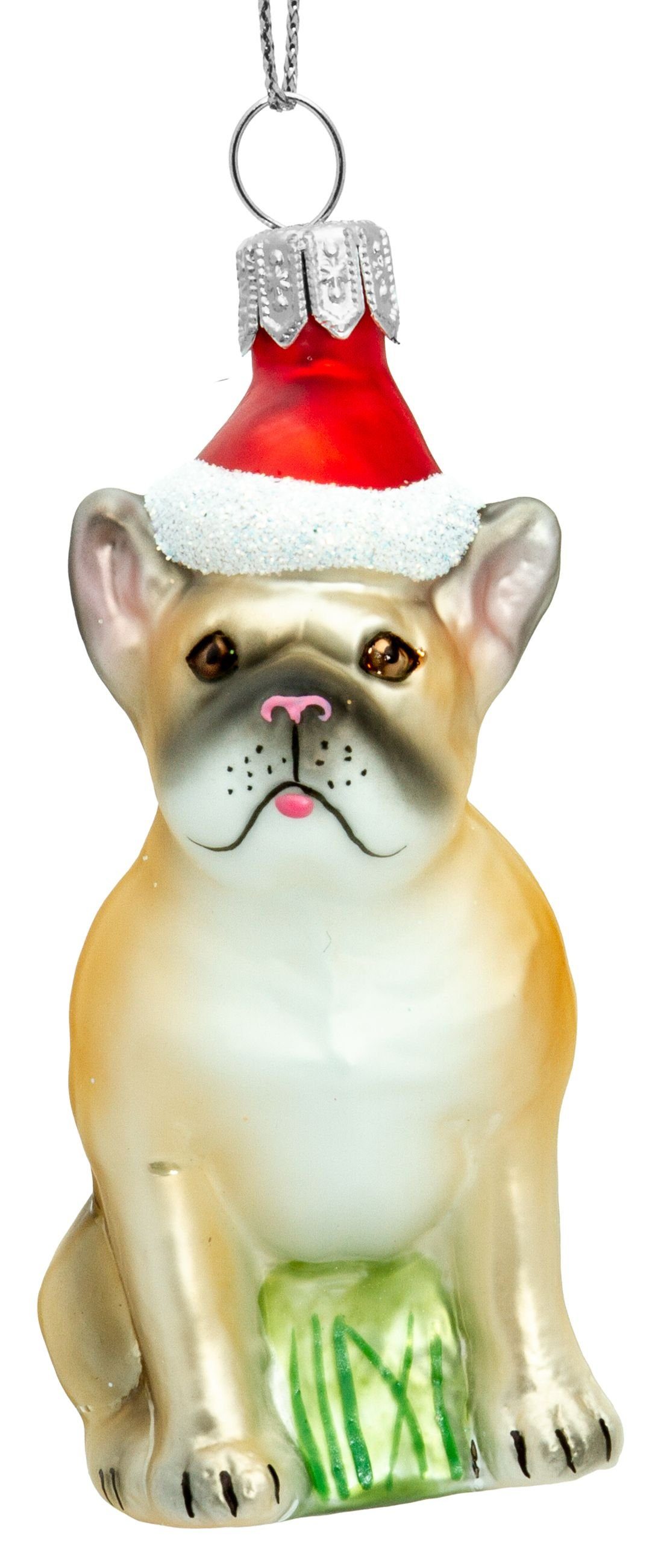 SIKORA Christbaumschmuck SIKORA BS720 Französische Bulldogge mit Weihnachtsmütze Christbaumschmuck Glas Figur Weihnachtsbaum Anhänger - Premium Line