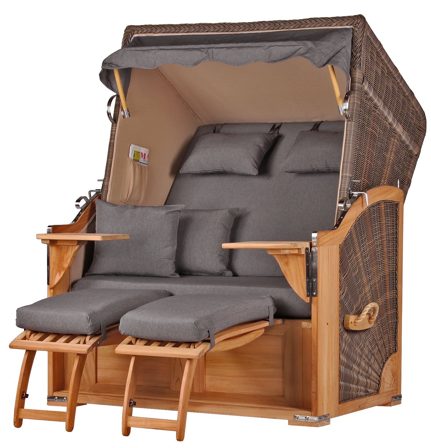 bene living Strandkorb Schaalsee 2-Sitzer Teak - PE grau - Modell 551, BxTxH: 125x80x170 cm, Volllieger ca. 175 Grad, Ostsee-Strandkorb Komplettset, inkl. Liftersystem