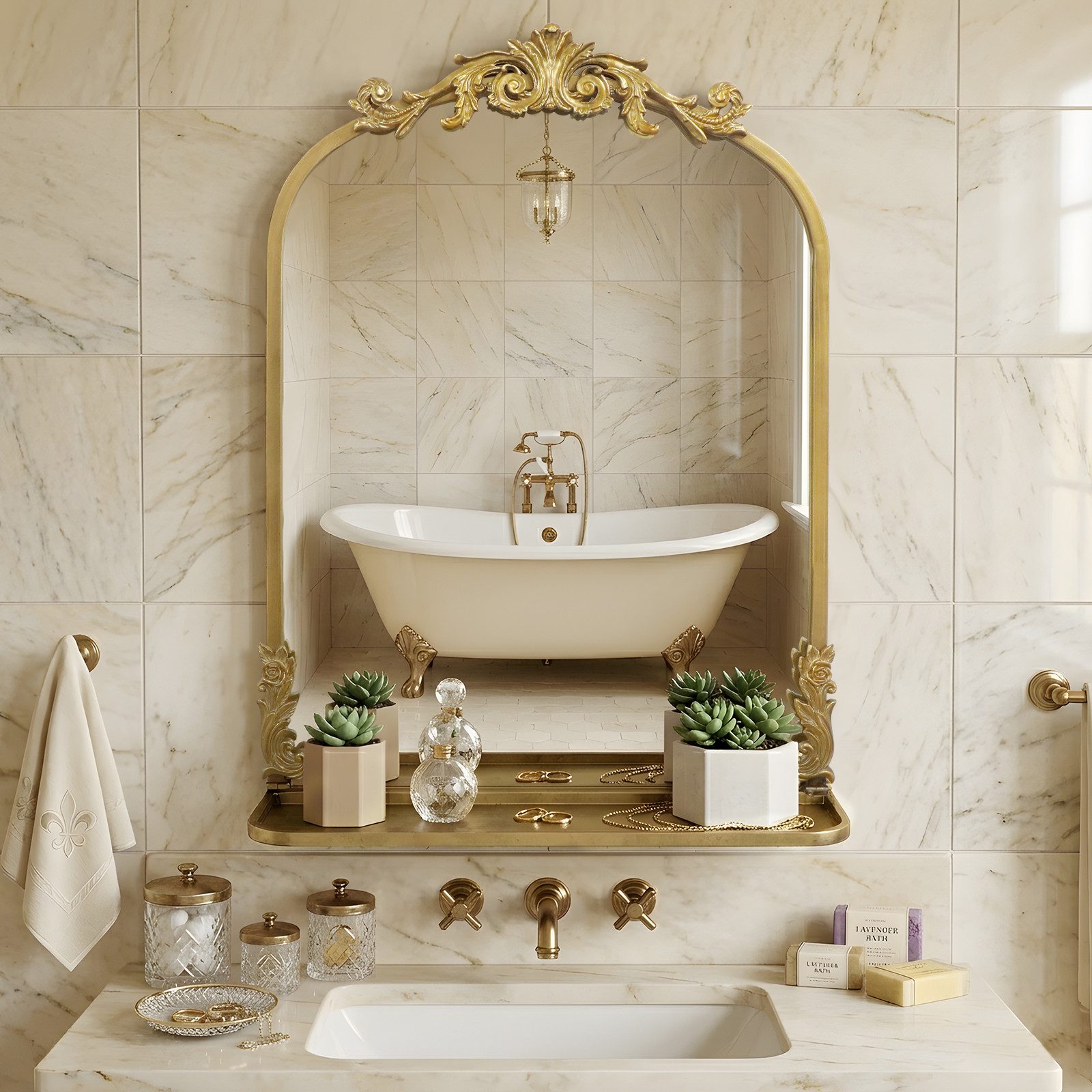 G-LEAF Wandspiegel Gold Barock Spiegel im Bogenform, mit Ablage (1-St), mit Relief-Krone, Antik-Stil Metallspiegel für Badezimmer, Flur