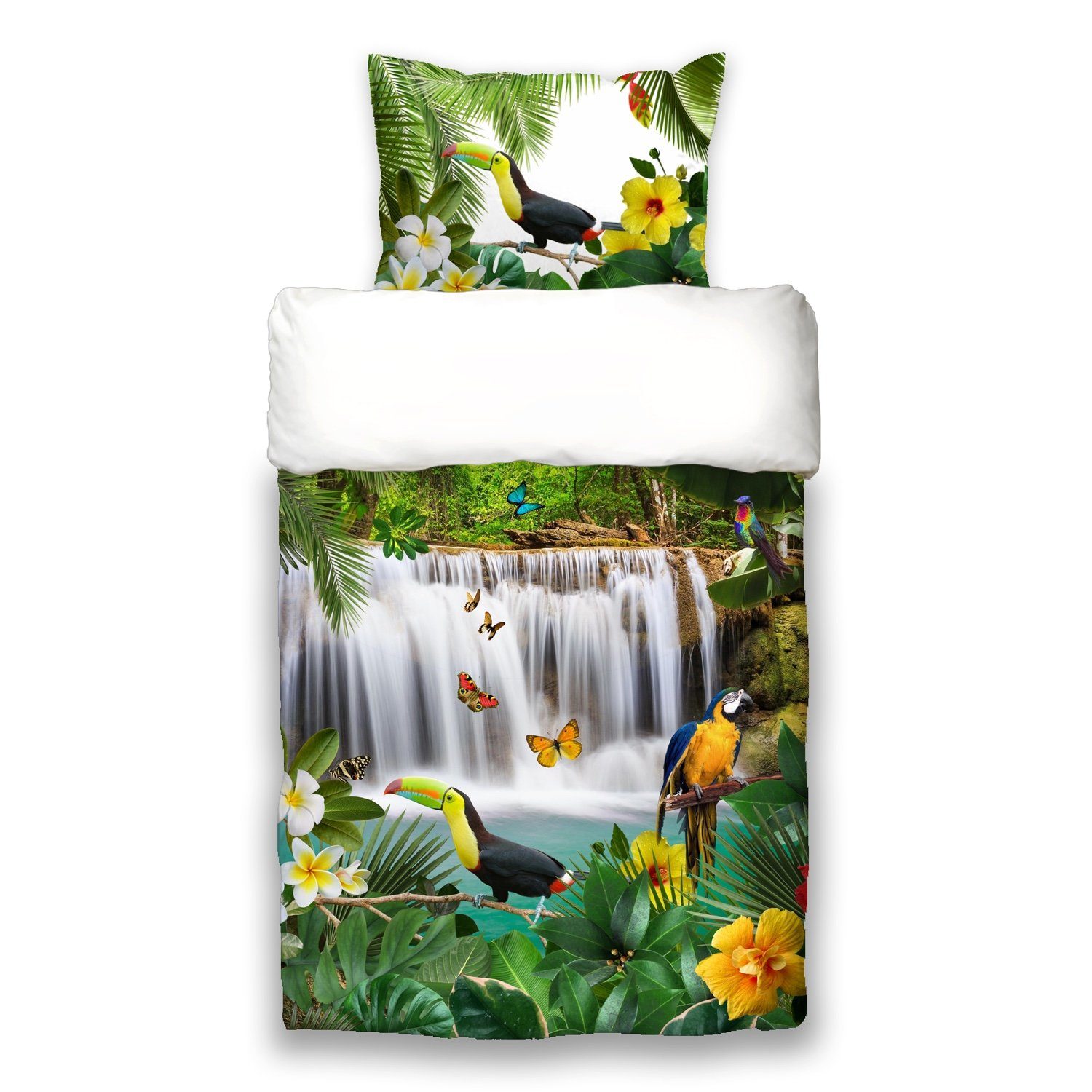 ESPiCO Kinderbettwäsche Jungle, Renforcé, 2 teilig, Vögel, Schmetterlinge, Pflanzen
