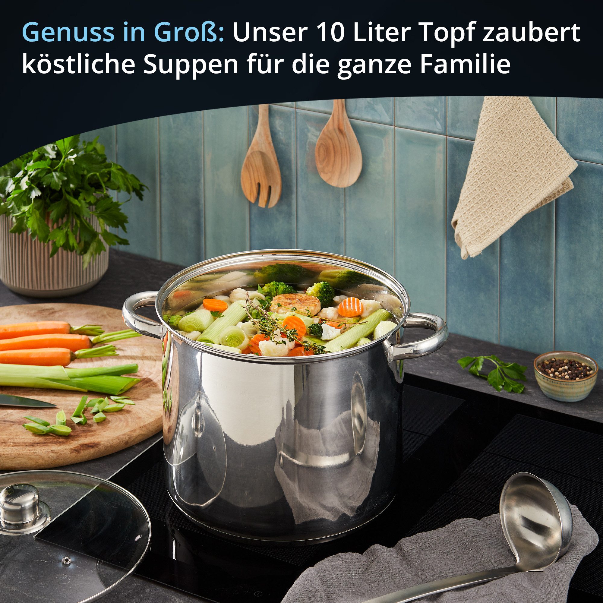 KHG Suppentopf XXL Kochtopf 26 cm Durchmesser, inkl. Glasdeckel, Edelstahl, 10 Liter Volumen, Glasdeckel, für alle Herdarten inklusive Induktion