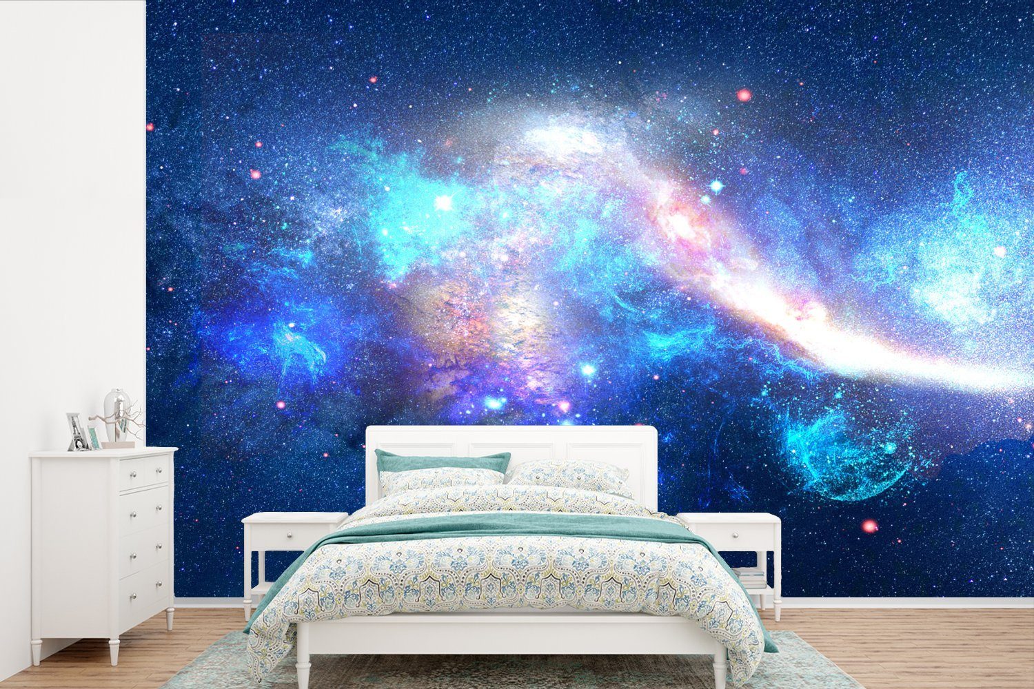 MuchoWow Fototapete Universum - Blau - Sterne, Matt, bedruckt, (6 St), Wallpaper für Wohnzimmer, Schlafzimmer, Kinderzimmer, Vinyl Tapete