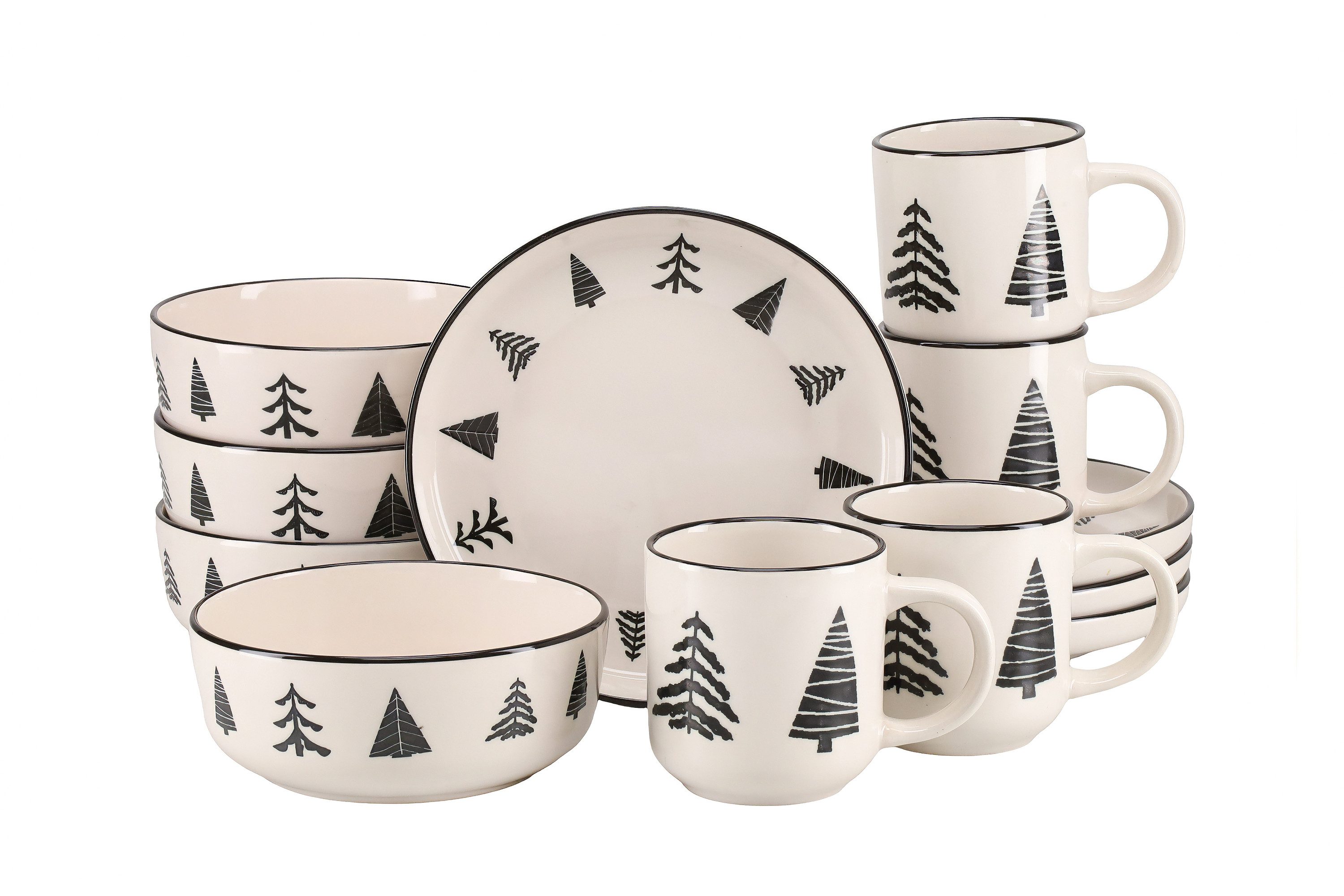 creaTable Frühstücks-Geschirrset Nordic Christmas Black, 4 Personen, Steinzeug