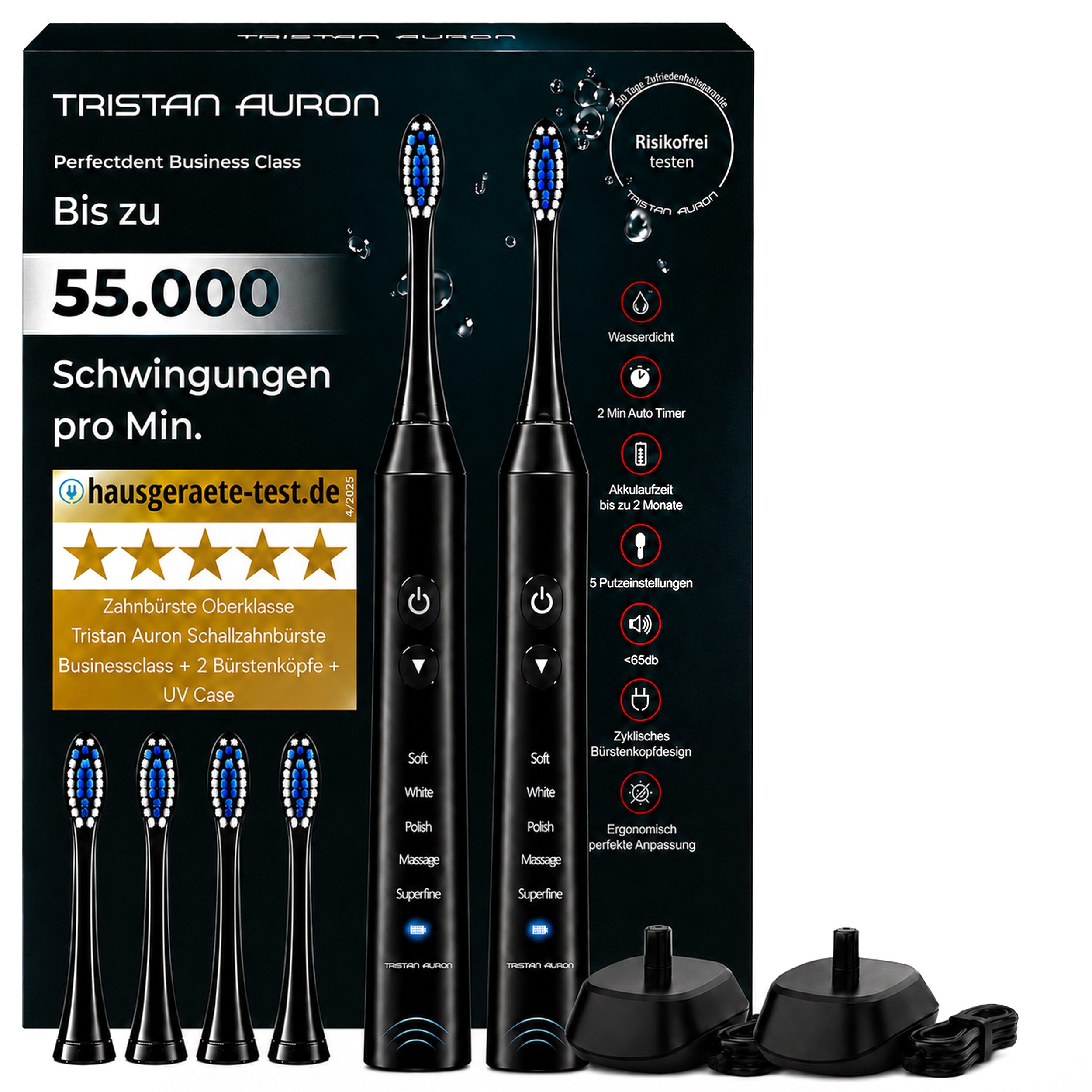 Tristan Auron Elektrische Zahnbürste Elektrische Zahnbürste Doppelpack 55000 VPM 60 Tage Akku 5 Modis IPX7, Aufsteckbürsten: 4 St., 2 Min Timer, 5 Modis, IPX7 Wasserdicht, 55 000 VPM, extrem leise <65db
