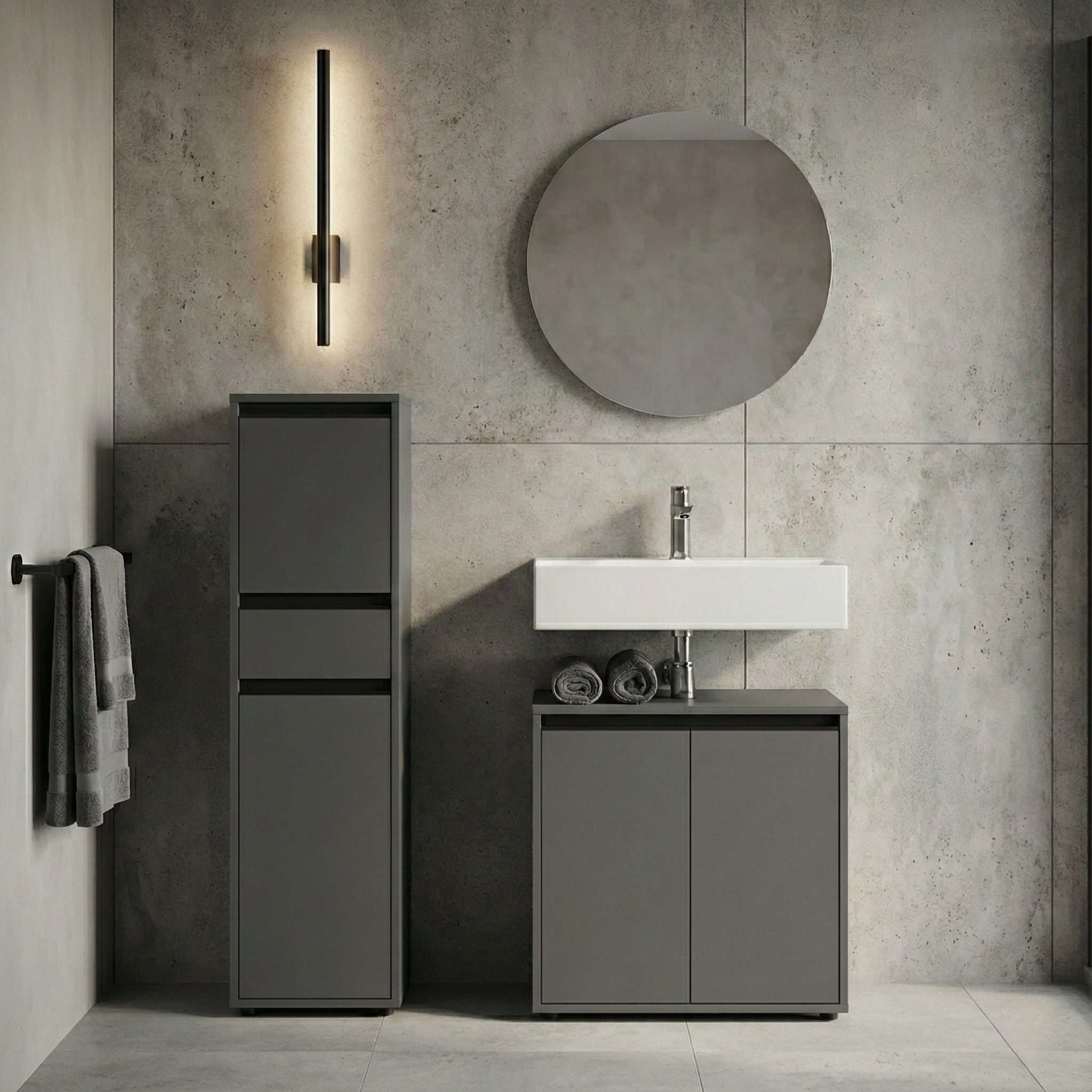 KADIMA DESIGN Badmöbel-Set 3-tlg., Waschbeckunterschrank Badschrank runder Spiegel, Soft-Close, (Metallgriffe, 2 Türen und Einlegeboden, Midischrank, Unterschrank), Made in Germany, Badezimmer-Set HAMBURG, Styroporfreie Verpackung