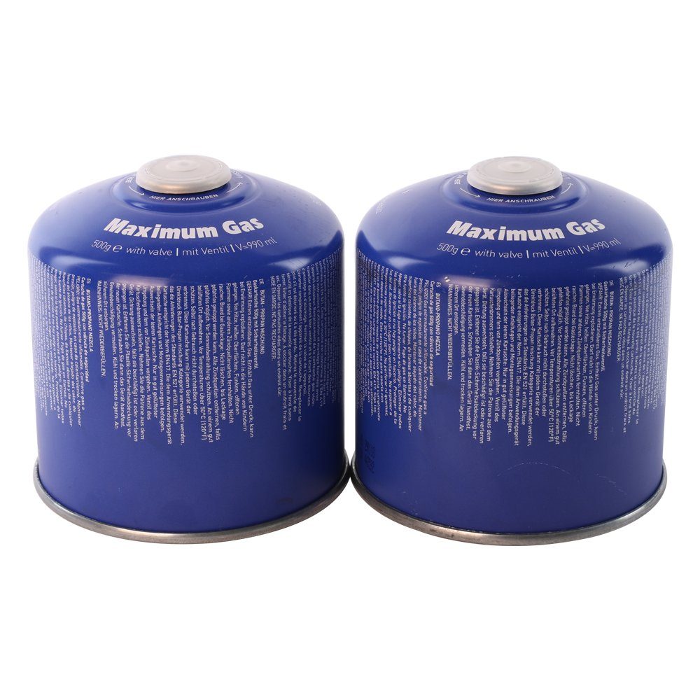 MaXimum Camping-Gas 2 x 500g Schraubkartusche: Sicher, vielseitig & einfach im Gebrauch, Schraubverschluss