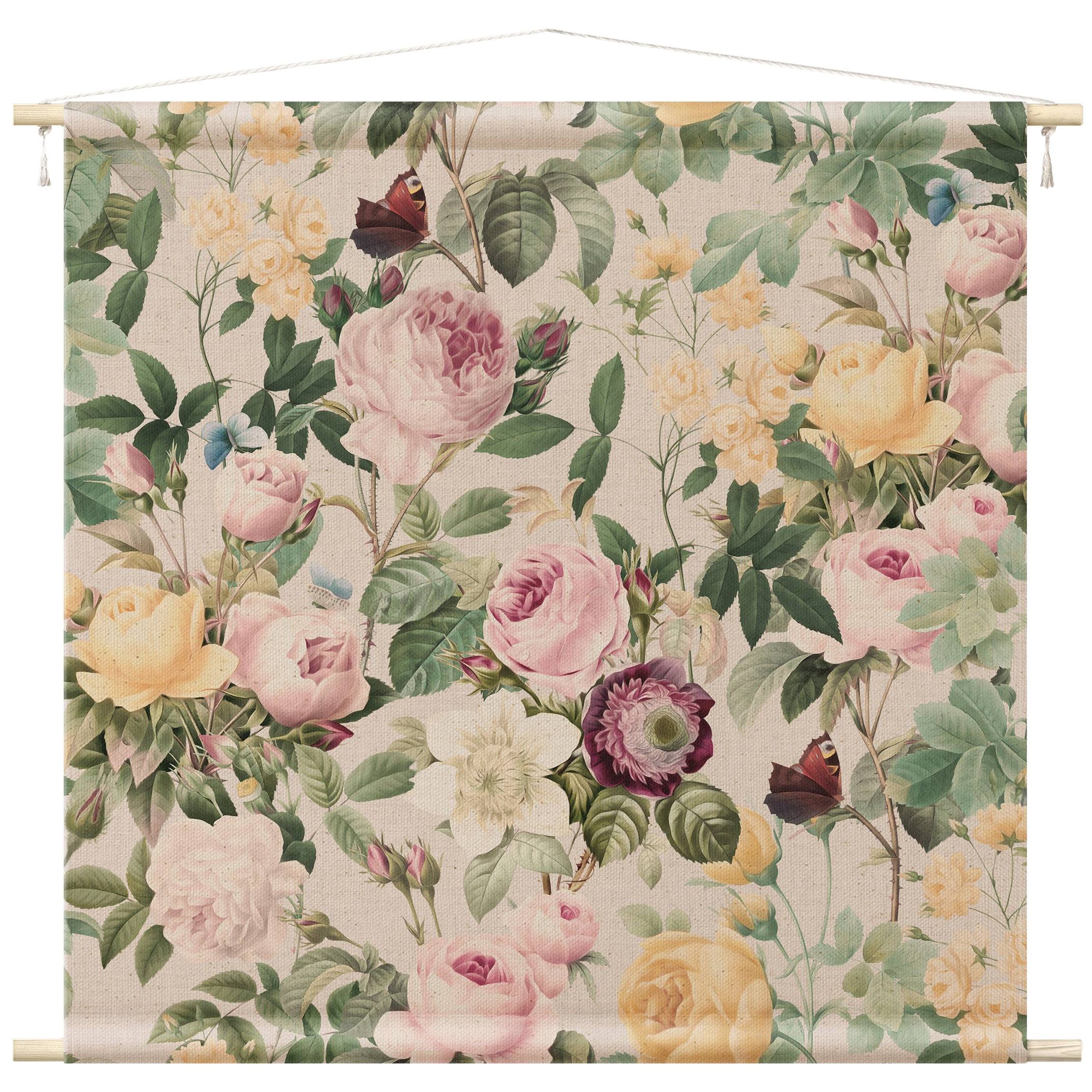Bilderdepot24 Wandteppich modern Blumen Rosen Vintage rosa, quadratisch, Höhe: 2.6 mm, großes Wandbild aus Natur-Baumwolle Wandbehang Stoffbild Tuch Wollseil