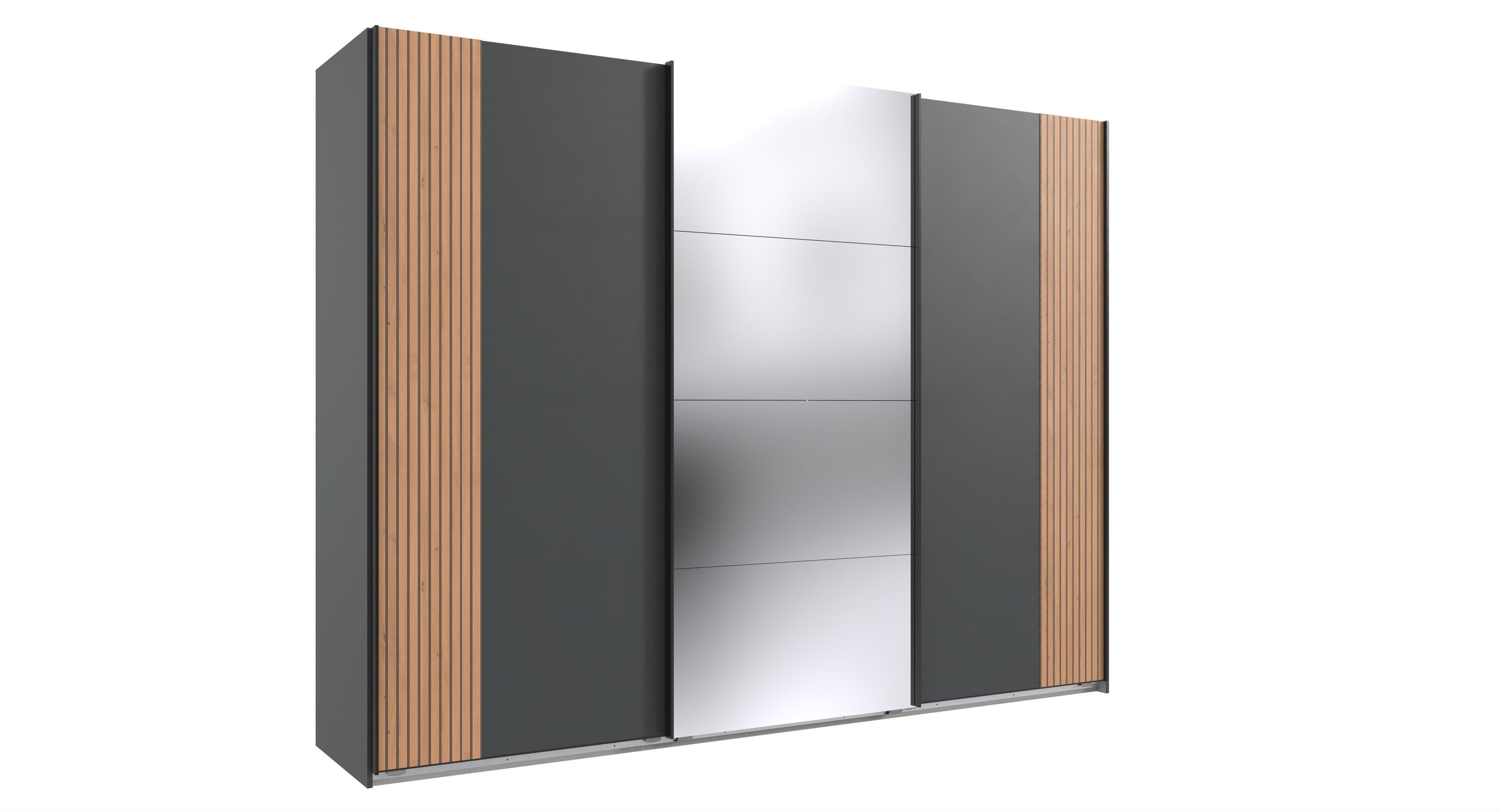 freiraum Schwebetürenschrank Malaga Spiegel / Graphit & Akustiklamelle Artisan Eiche - 270x208x64cm BxHxT