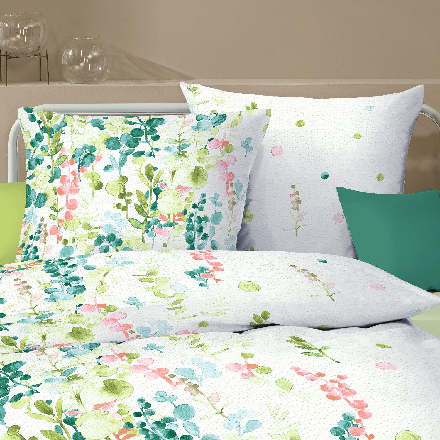 Kaeppel Bettwäsche Bettwäsche Kaeppel Seersucker 466-03 Inaya Blätter aqua grün 135x200, Seersucker, 2 teilig