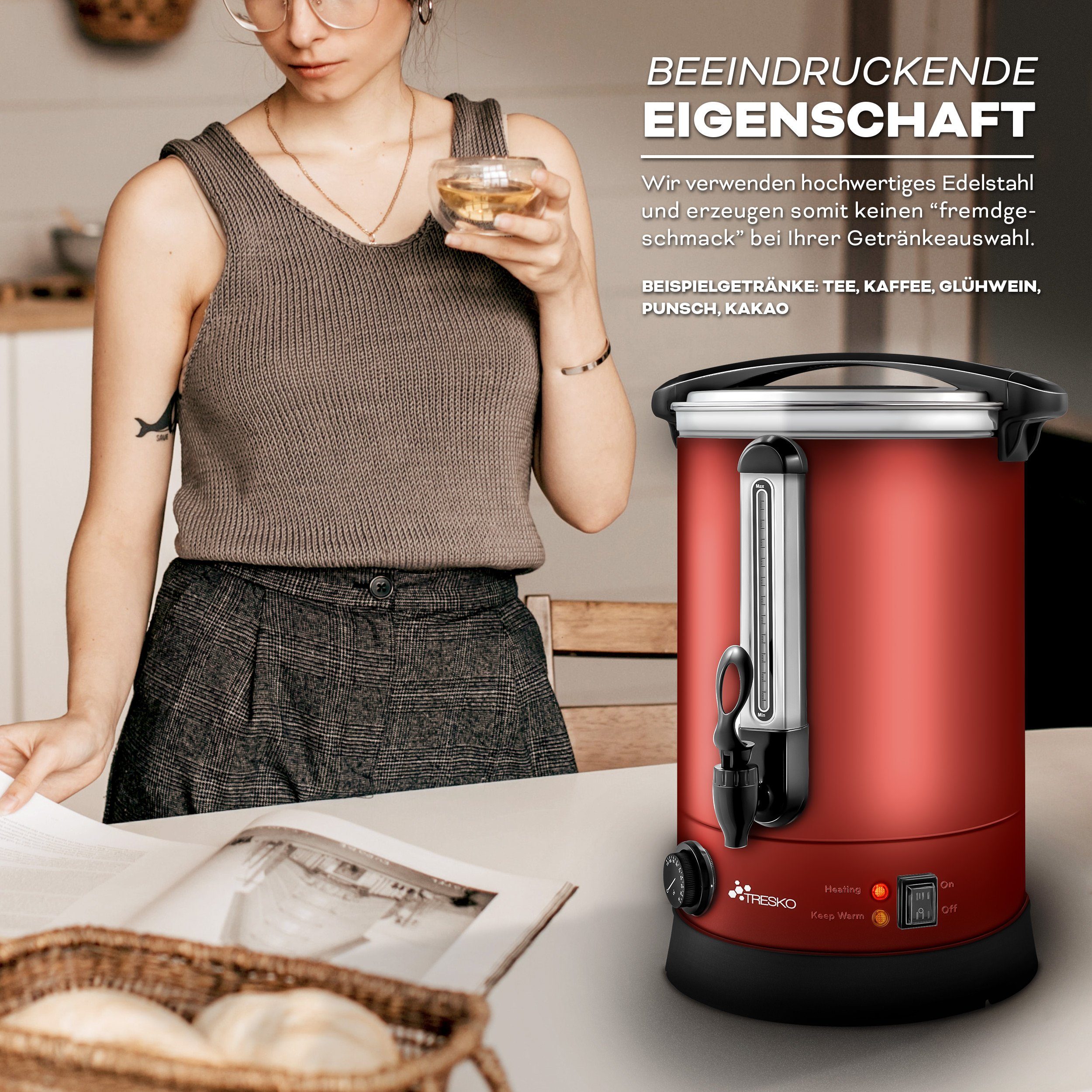 TRESKO Heißgetränke- und Glühweinautomat Glühweinkocher Einkochautomat aus Edelstahl Glühweinkessel